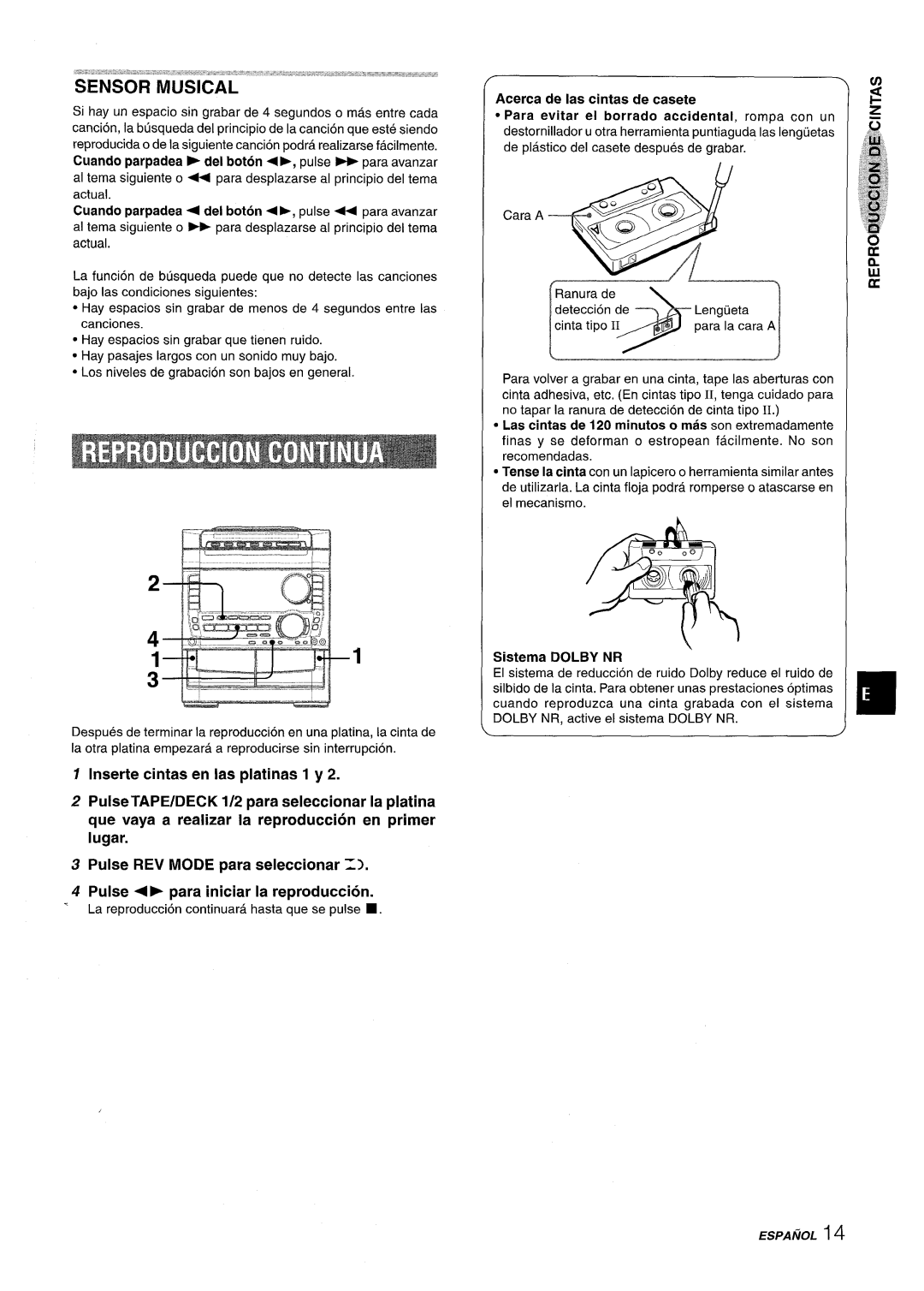Sony NSX-A959 manual Inserte cintas en las platinas 1 y, PulseTAPE/DECK 1/2 para seleccionar la platina, Sistema DOLBY NR 