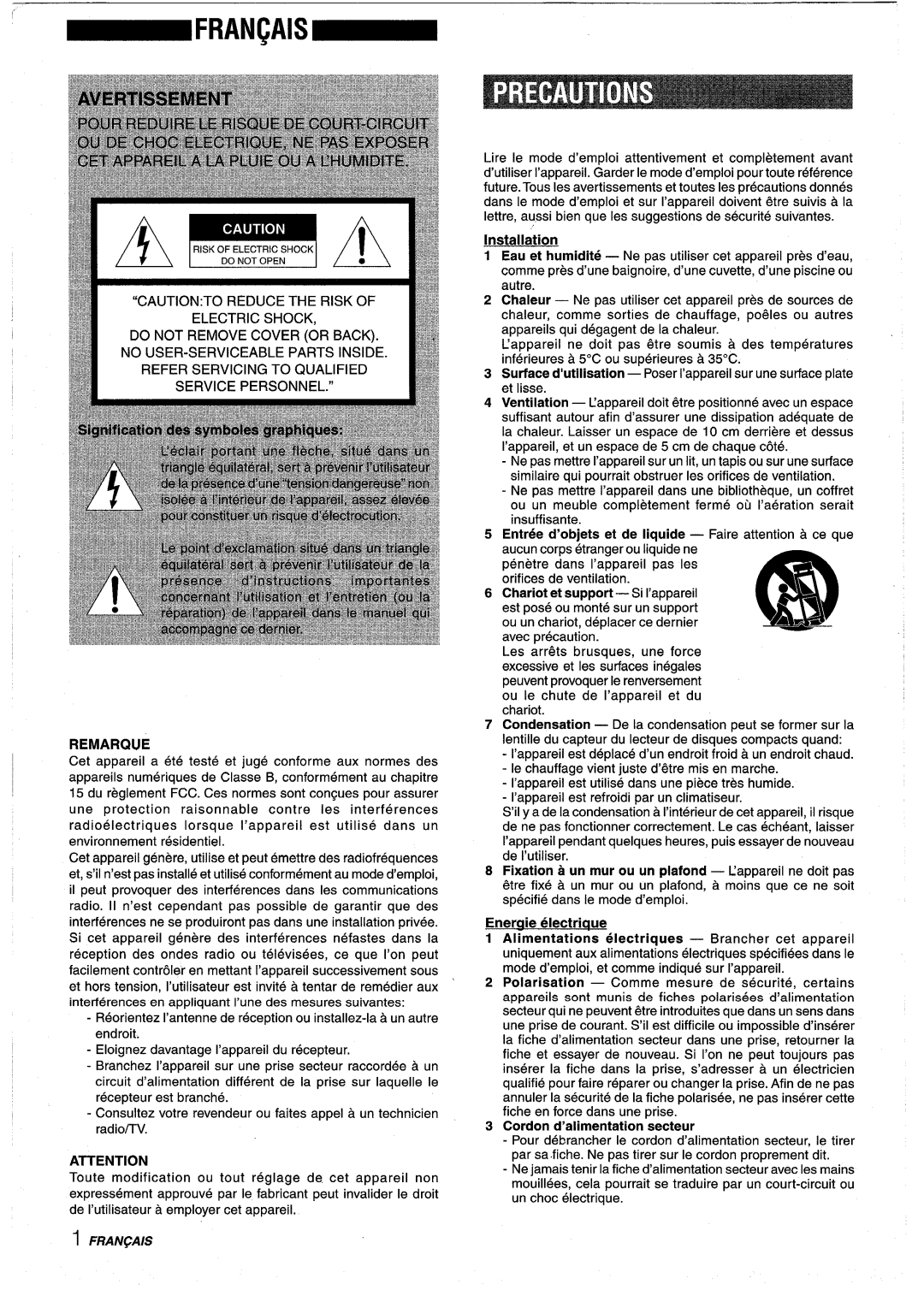 Sony NSX-A959 manual Installation, Remarque, Eneraie electriaue, Cordon d’alimentation secteur 