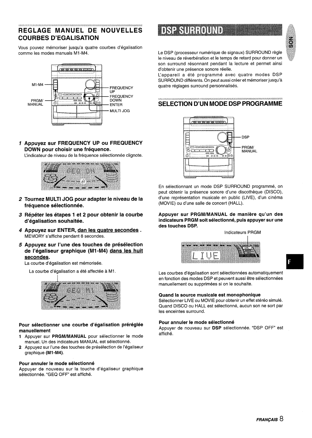 Sony NSX-A959 manual secondes, Regilage Manuel De Nouvelles ~Ourbes D’Egalisation, M1-M4, Frequency, Down, Enter, Multijog 