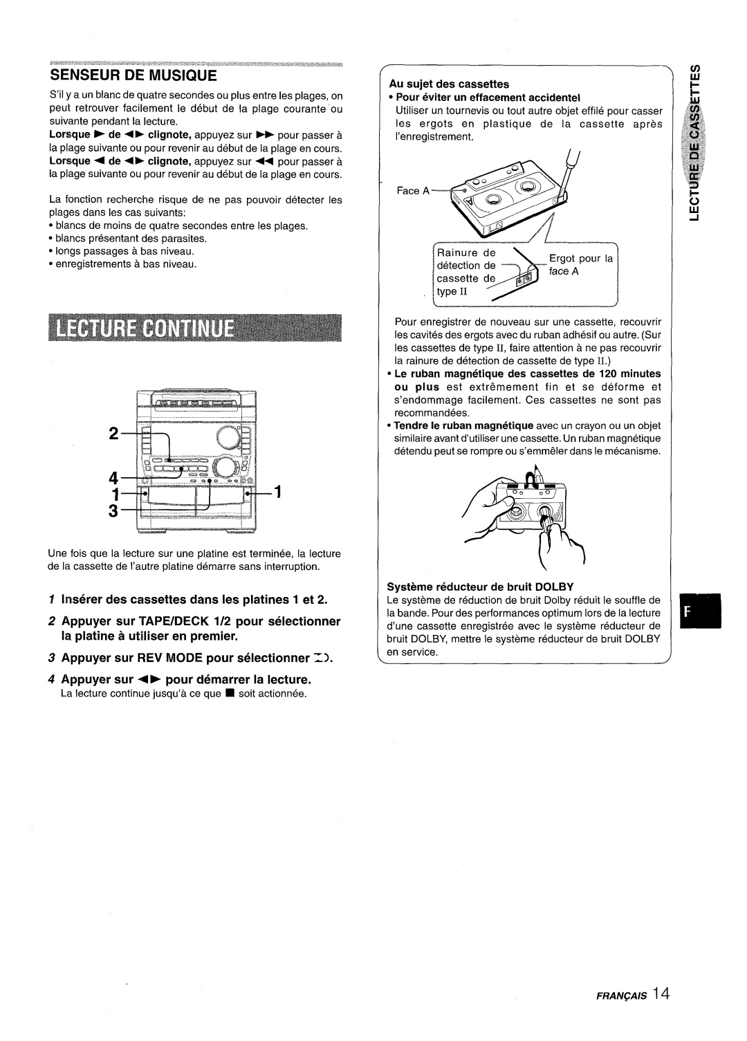Sony NSX-A959 manual Inserer des cassettes clans Ies platines 1 et, Appuyer sur REV MODE pour selectionner Z 