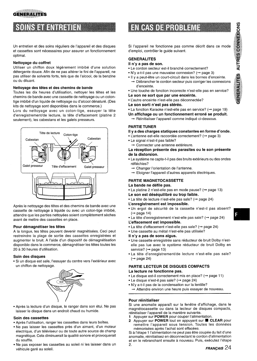 Sony NSX-A959 manual Nettoyagle du coffret, Nettoyage des t~tes et des chemins de bande, Pour demagnetiser Ies t~tes 