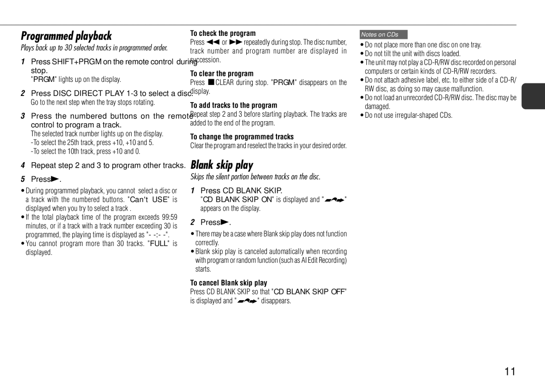 Sony NSX-AJ700 operating instructions Programmed playback, Blank skip play 