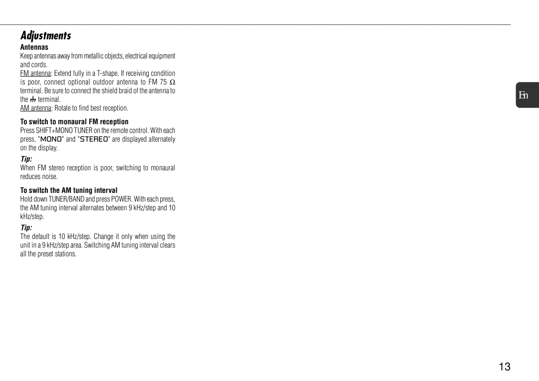 Sony NSX-AJ700 Adjustments, Antennas, AM antenna Rotate to find best reception, To switch to monaural FM reception 