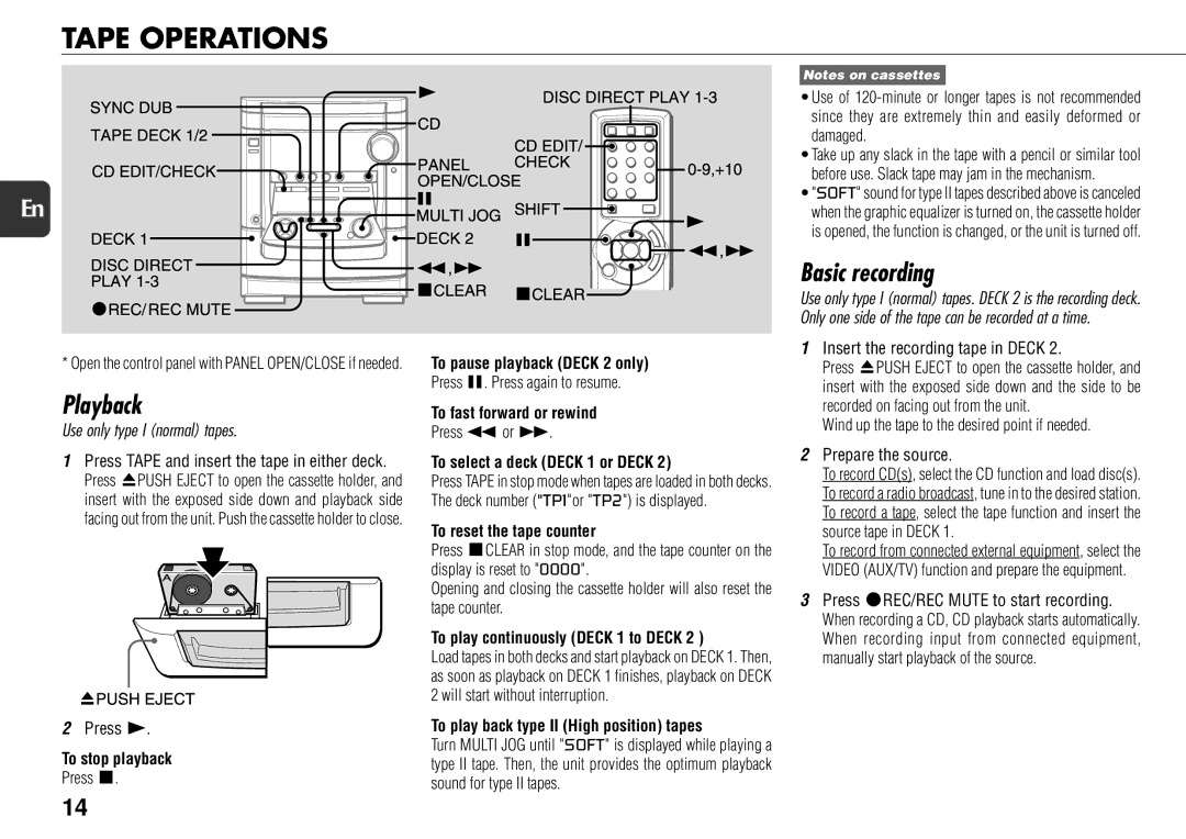 Sony NSX-AJ700 operating instructions Tape Operations, Basic recording, Use only type I normal tapes 