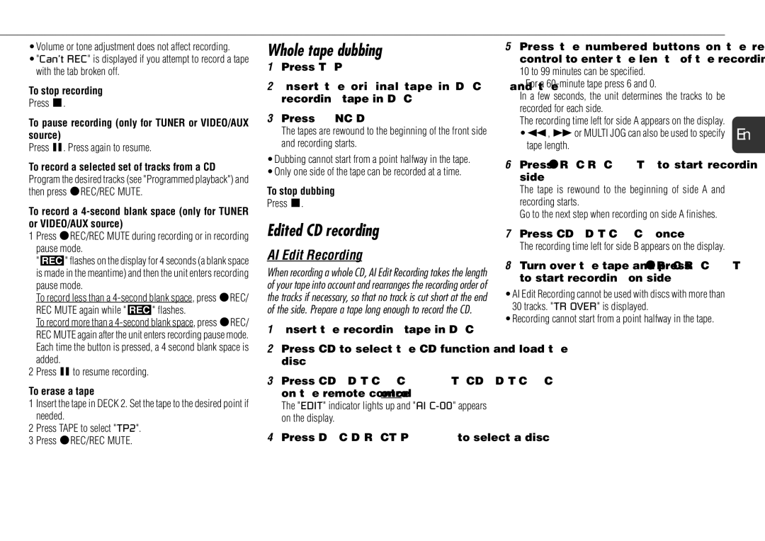 Sony NSX-AJ700 operating instructions Whole tape dubbing, Edited CD recording 