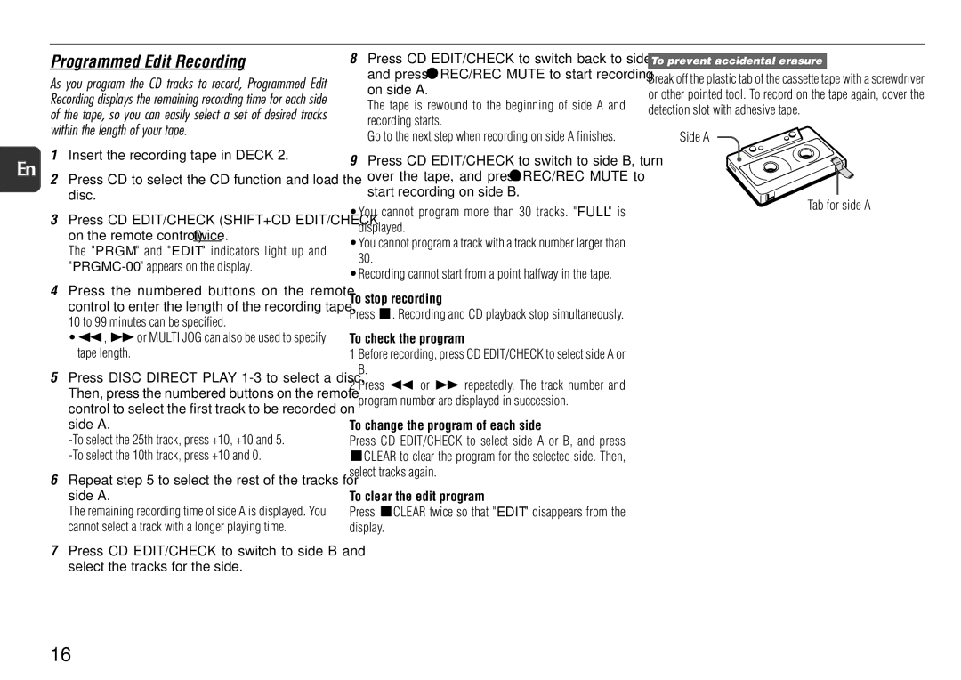 Sony NSX-AJ700 operating instructions To change the program of each side, To clear the edit program 