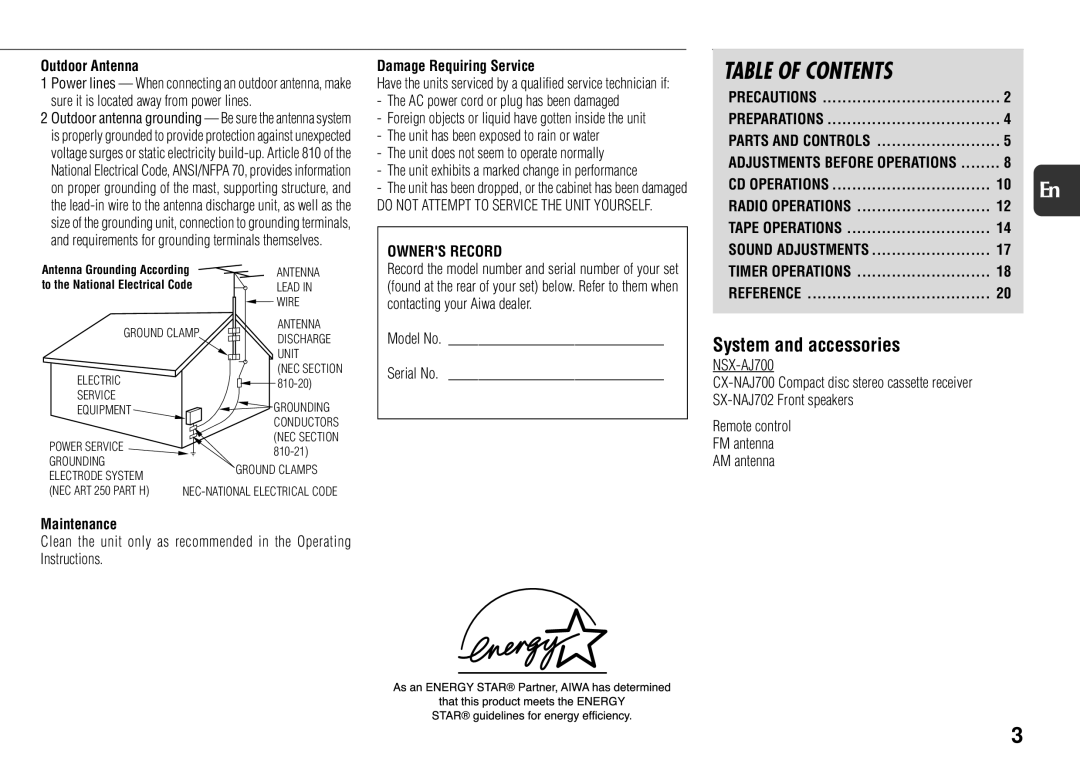 Sony NSX-AJ700 operating instructions Table of Contents 