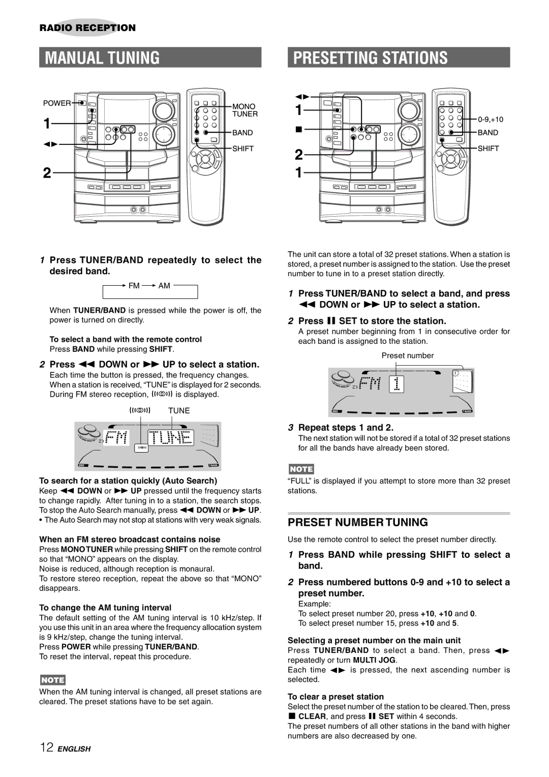 Sony NSX-AJ80 manual Manual Tuning, Presetting Stations, Preset Number Tuning 