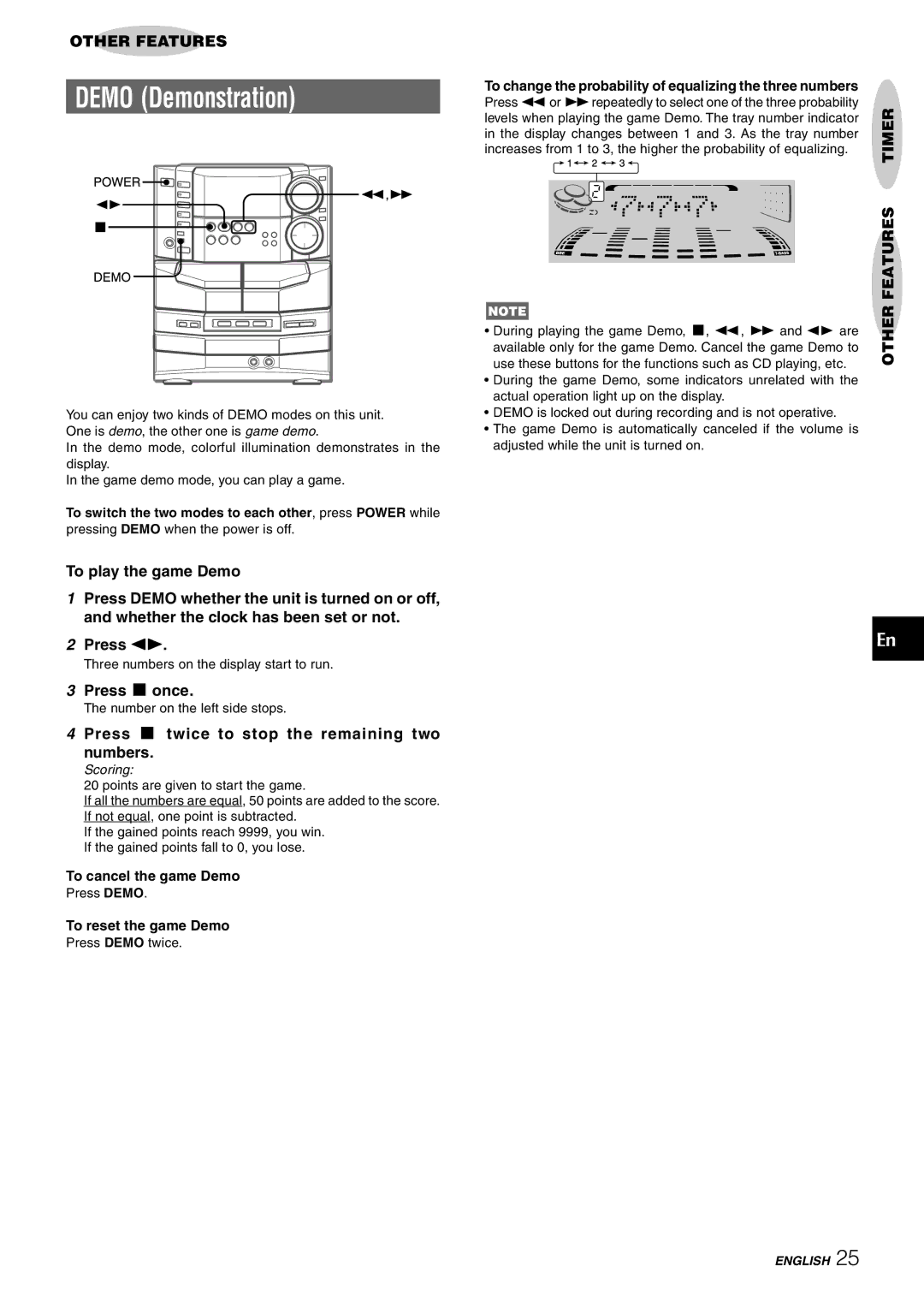 Sony NSX-AJ80 manual Other Features Timer, Press s once, Press s twice to stop the remaining two numbers 