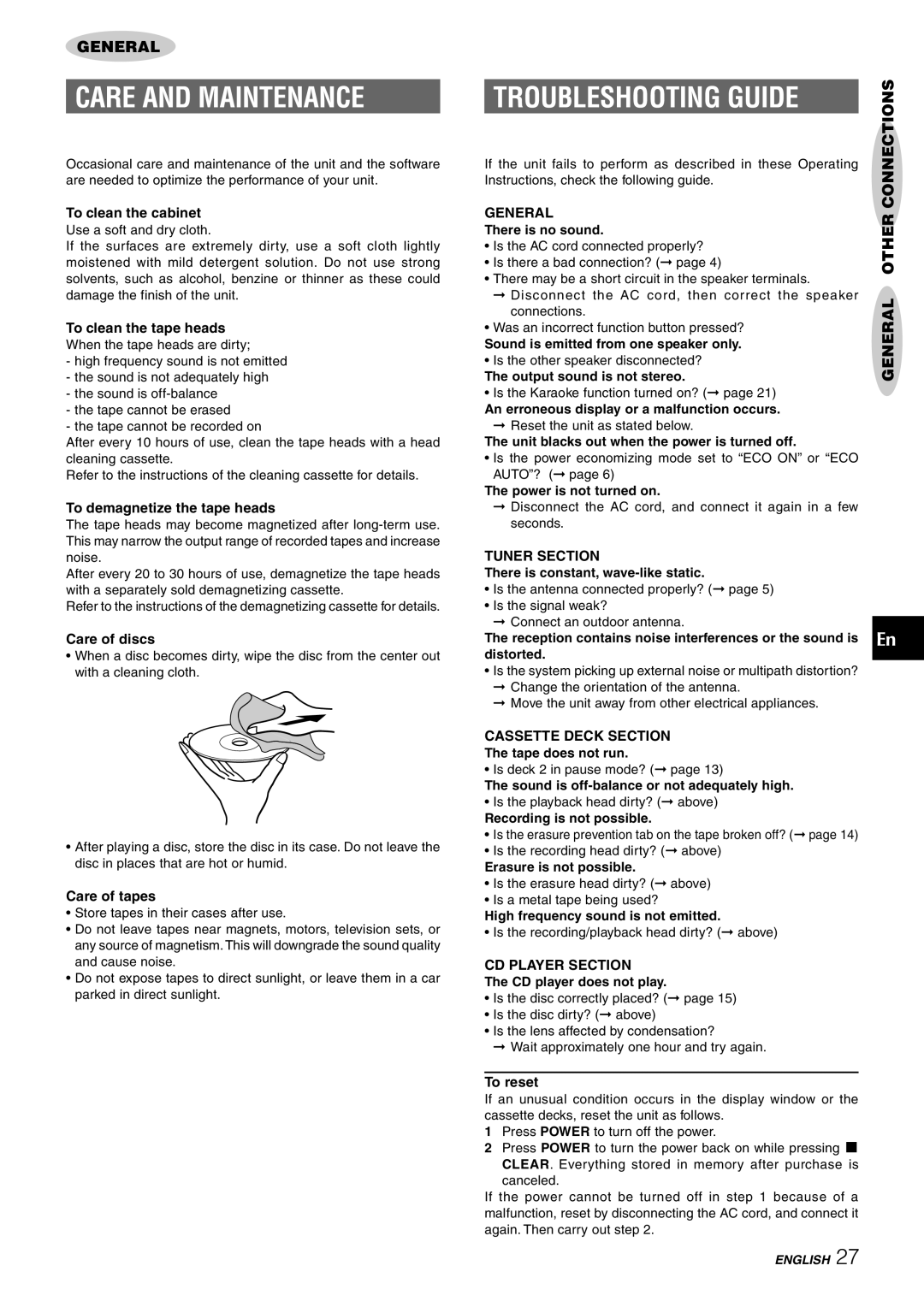 Sony NSX-AJ80 manual Care and Maintenance, Troubleshooting Guide, General Other Connections 