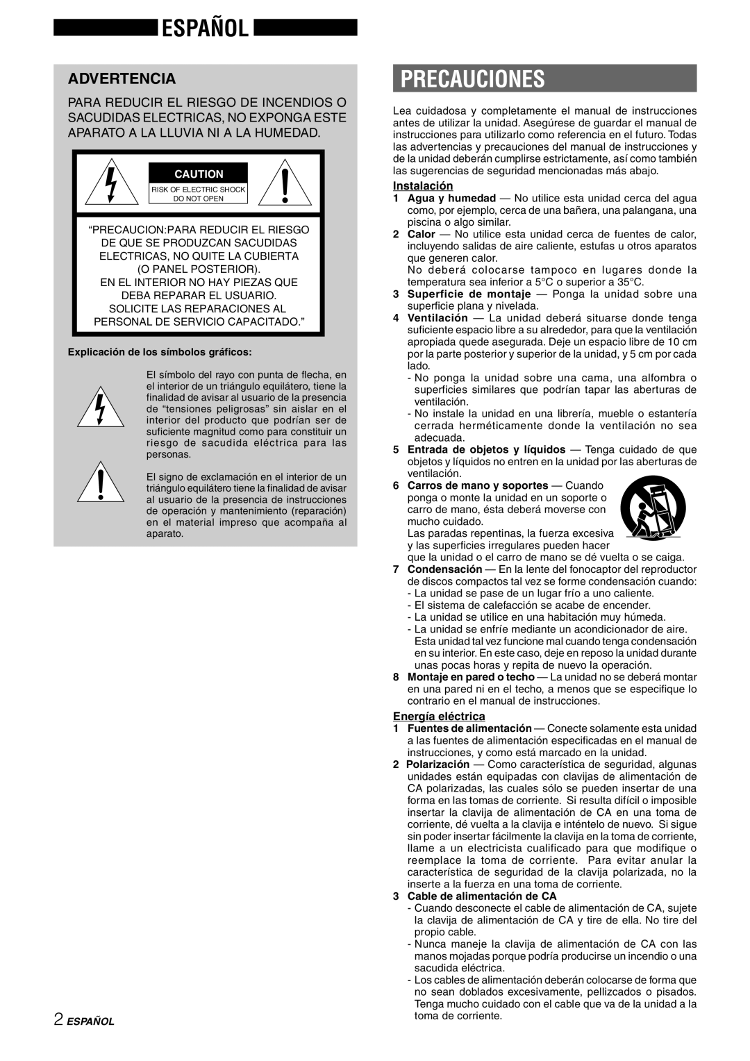 Sony NSX-AJ80 manual Precauciones, Advertencia, Instalación, Energía eléctrica 