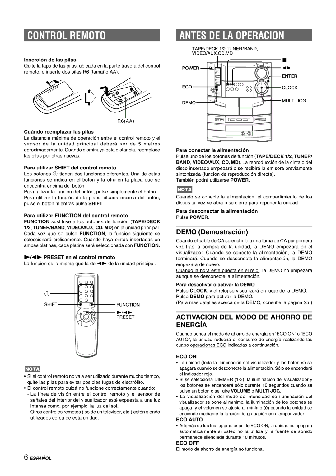 Sony NSX-AJ80 manual Control Remoto, Antes DE LA Operacion, Activacion DEL Modo DE Ahorro DE Energía 