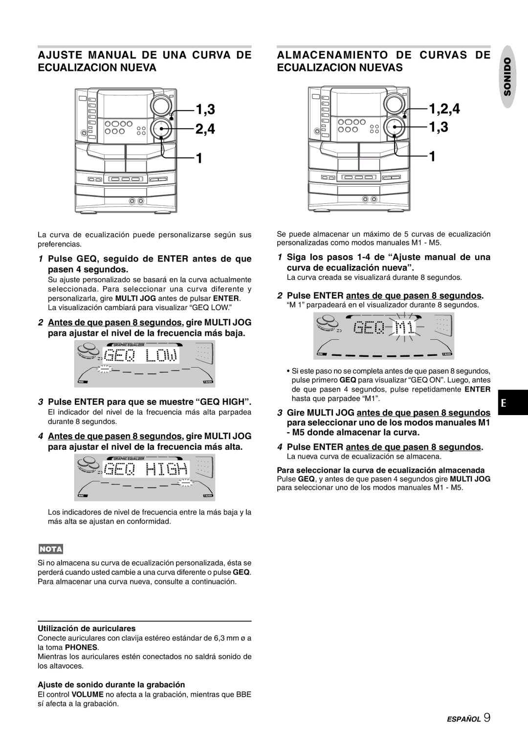 Sony NSX-AJ80 manual Ajuste Manual DE UNA Curva DE Ecualizacion Nueva, Almacenamiento DE Curvas DE, Ecualizacion Nuevas 