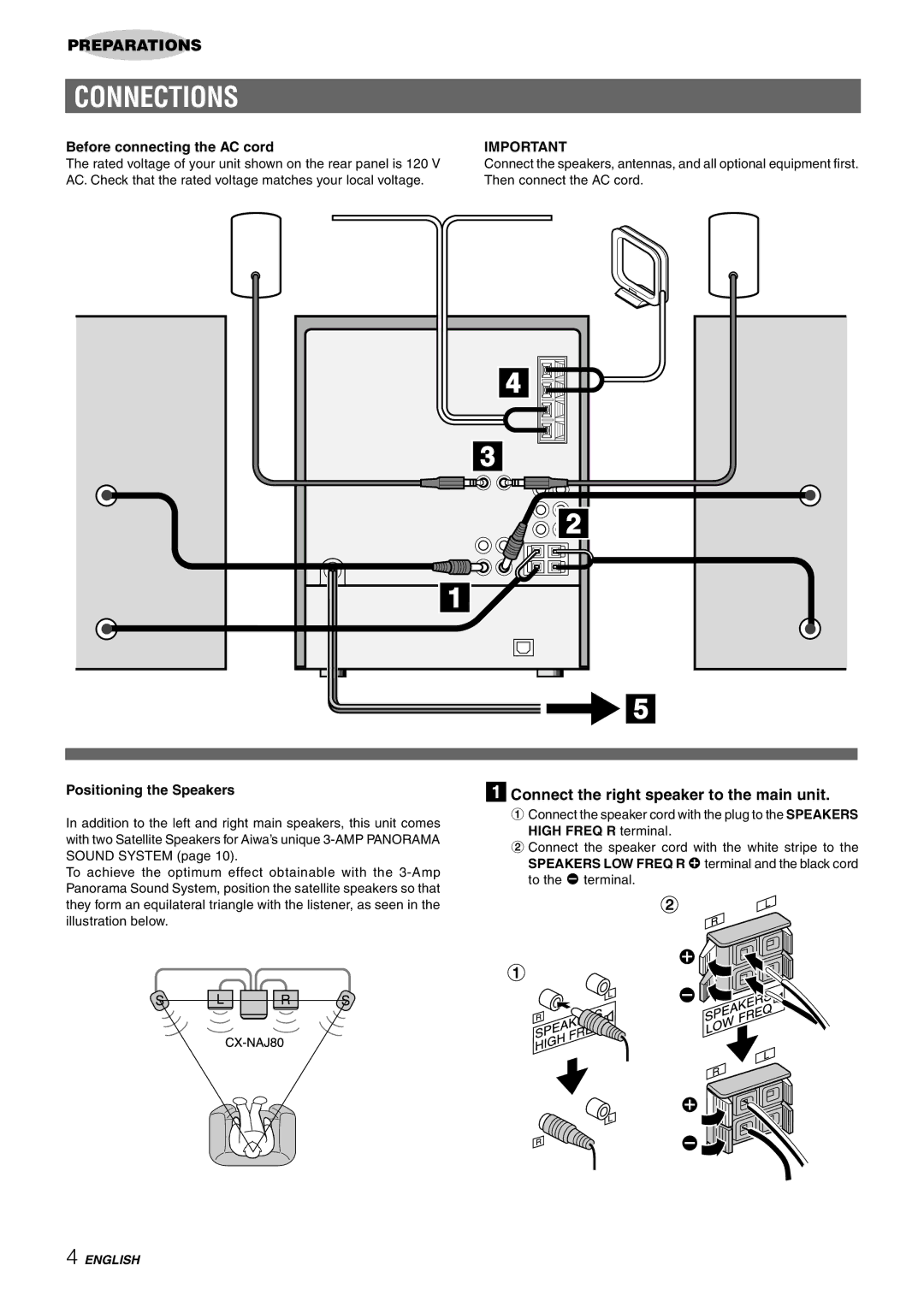 Sony NSX-AJ80 manual Connections, 1Connect the right speaker to the main unit, Before connecting the AC cord 