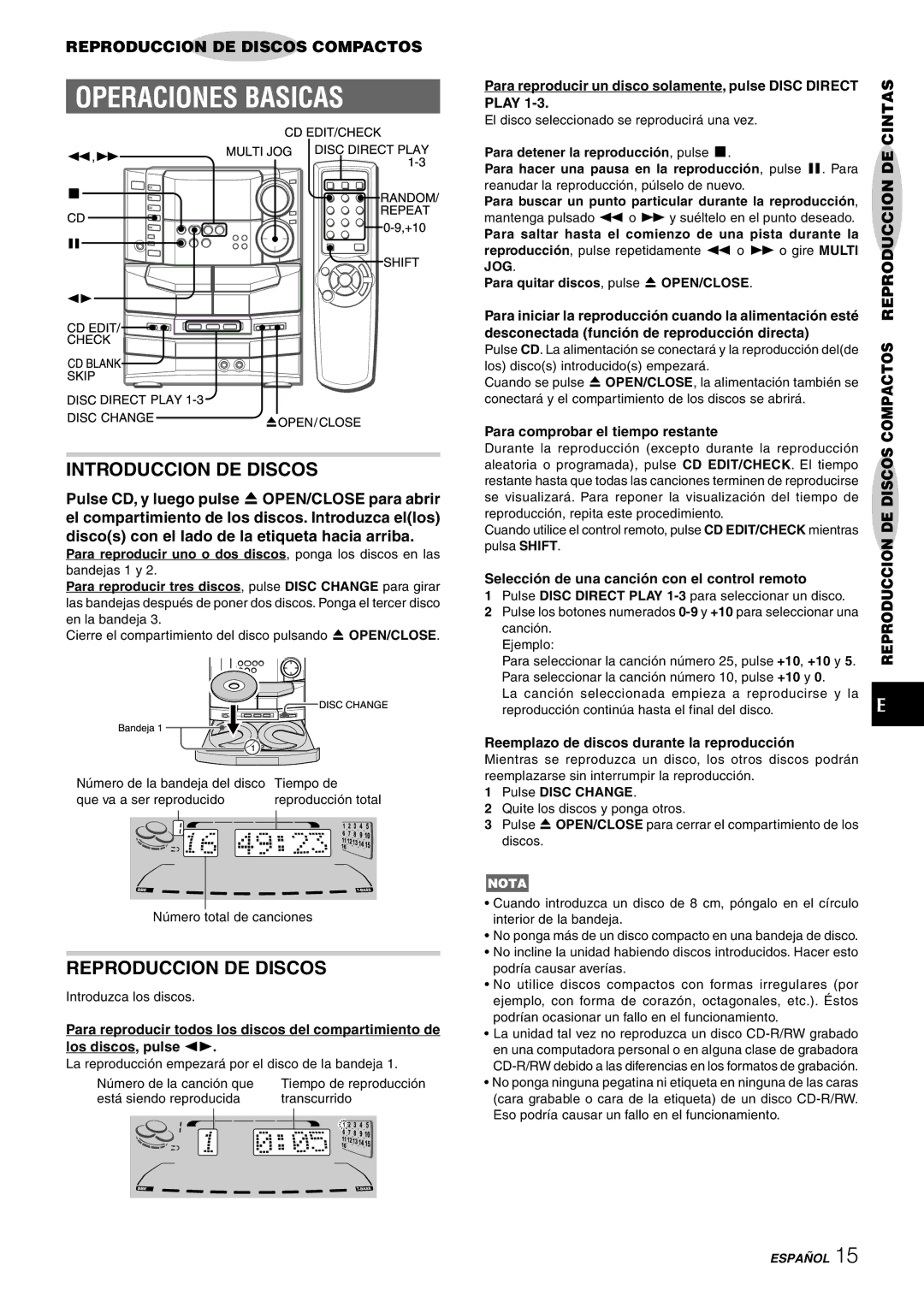 Sony NSX-AJ80 manual Introduccion DE Discos, Reproduccion DE Discos, Cintasde Reproduccion, Compactosdiscos Dereproduccion 