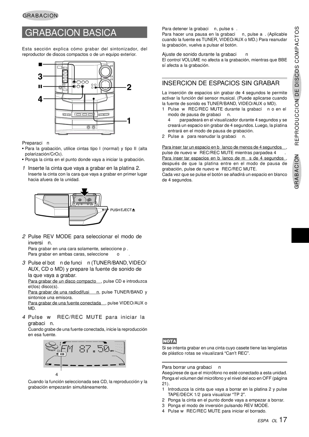 Sony NSX-AJ80 manual Grabacion Basica, Insercion DE Espacios SIN Grabar, Discos 