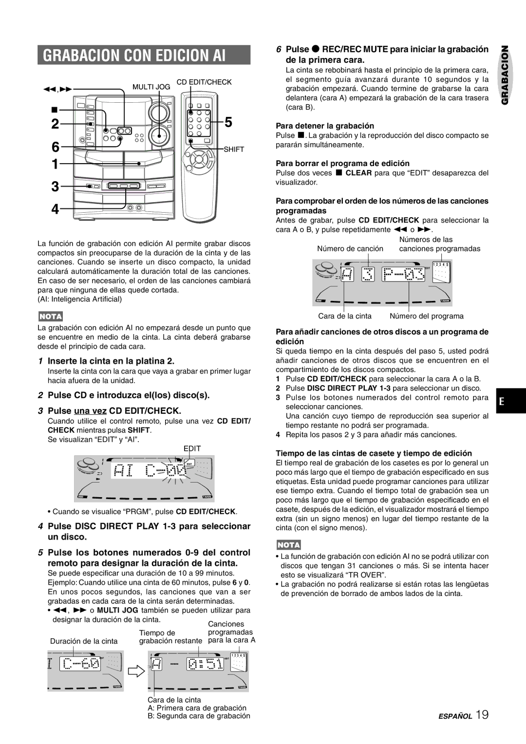 Sony NSX-AJ80 Grabacion CON Edicion AI, Inserte la cinta en la platina, Pulse wREC/REC Mute para iniciar la grabación 