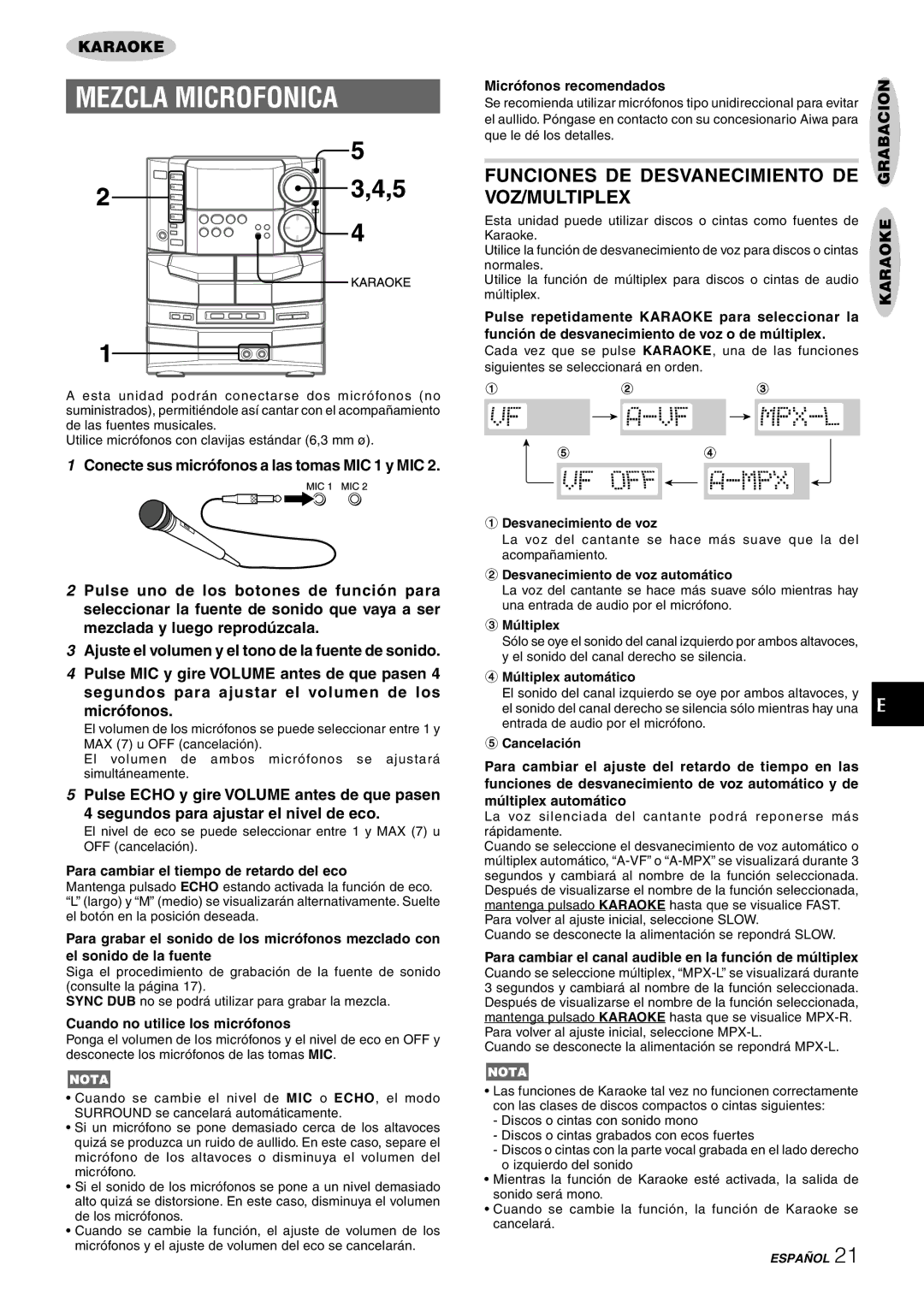 Sony NSX-AJ80 manual Mezcla Microfonica, Funciones DE Desvanecimiento DE VOZ/MULTIPLEX, Karaoke Grabacion 