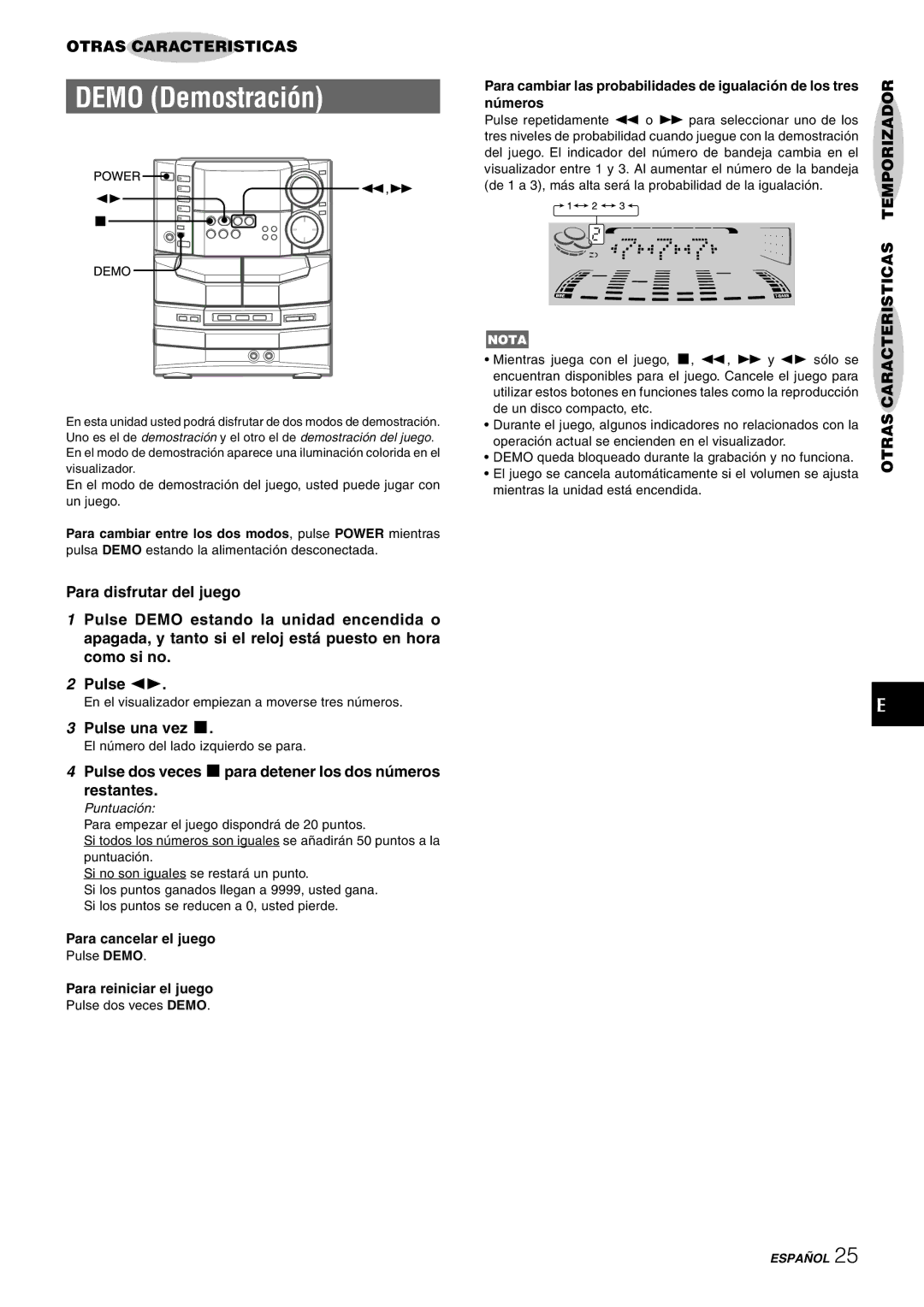 Sony NSX-AJ80 manual Otras Caracteristicas Temporizador, Pulse una vez s 