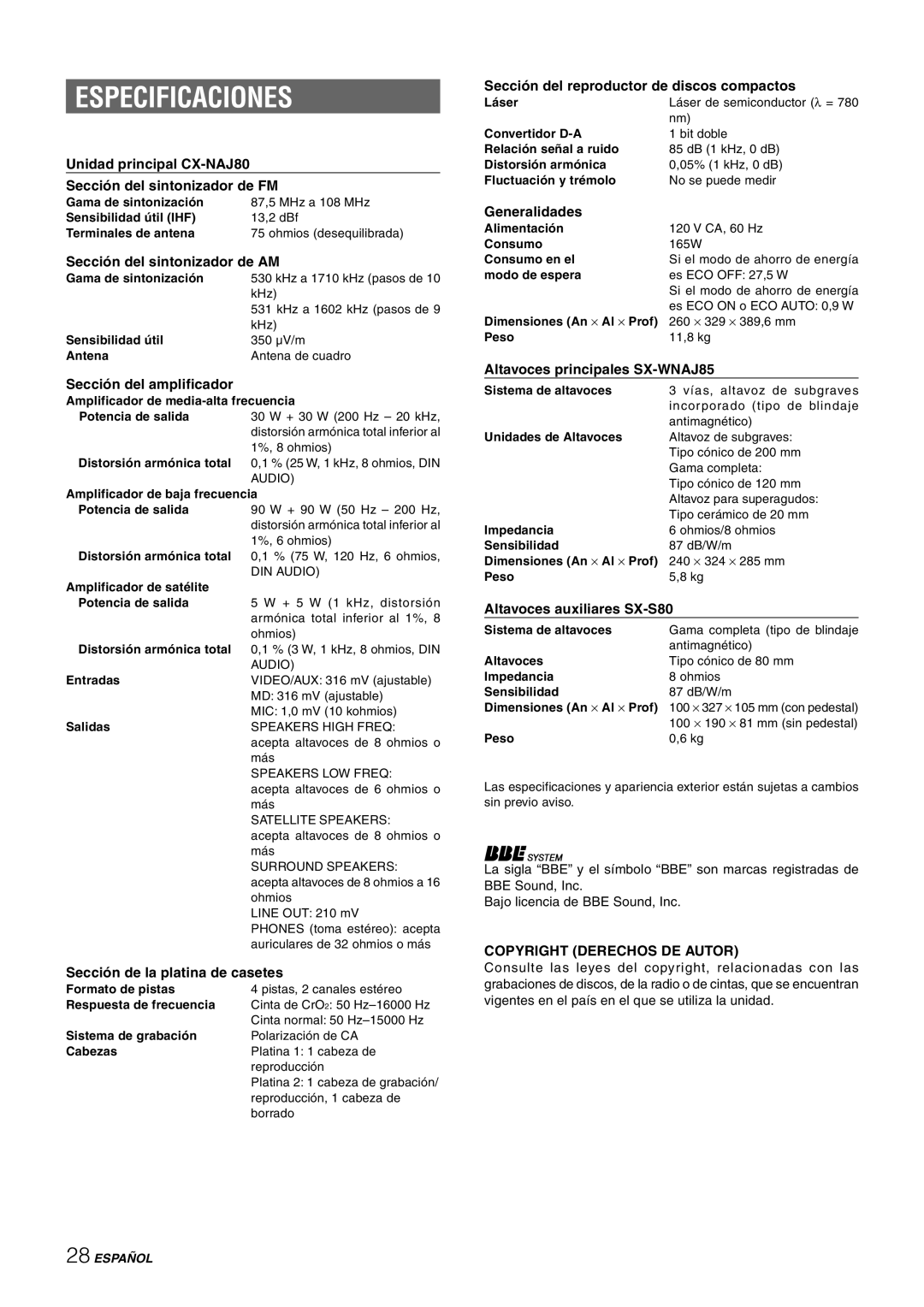 Sony NSX-AJ80 manual Especificaciones, Copyright Derechos DE Autor 