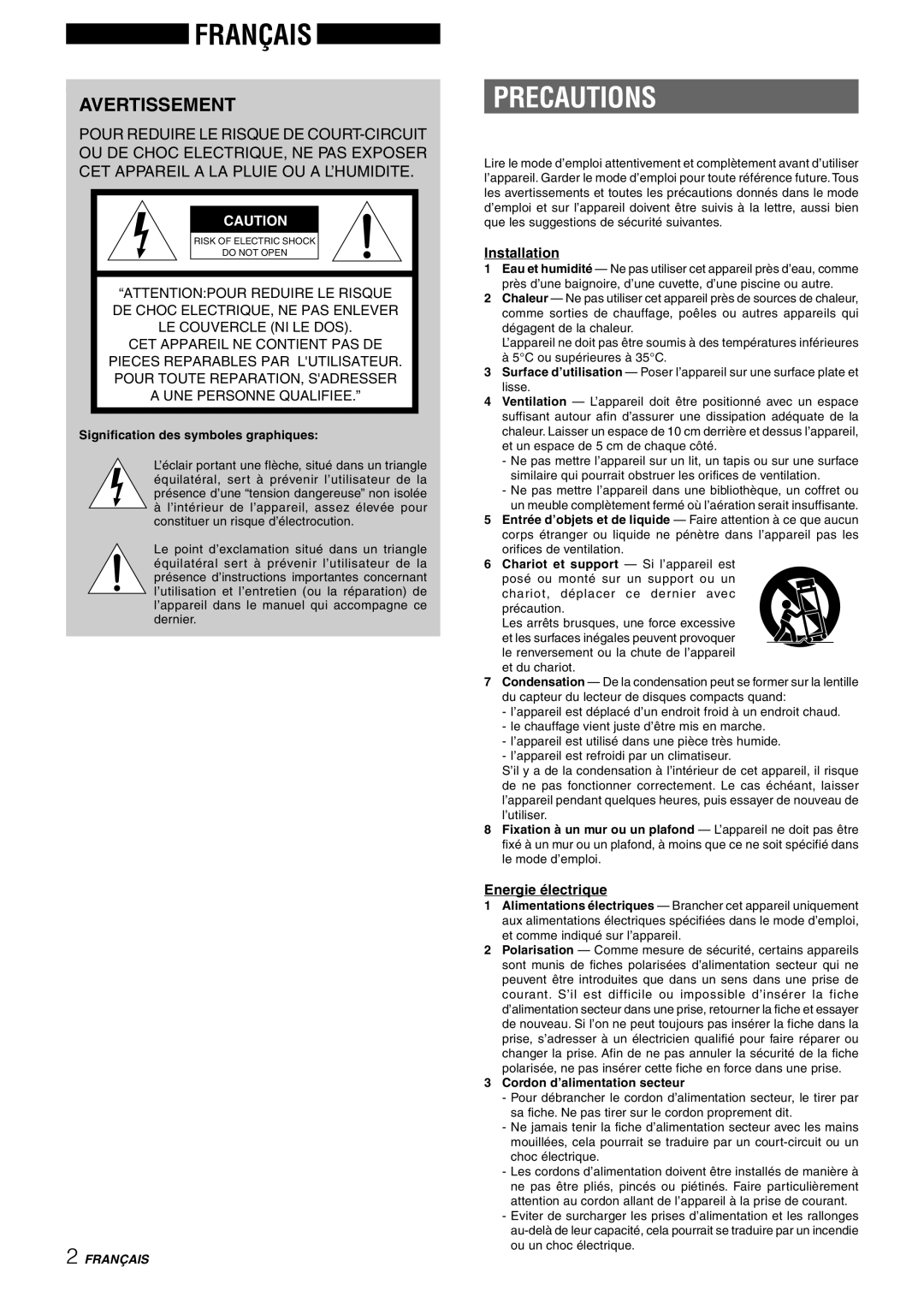 Sony NSX-AJ80 Avertissement, Energie électrique, Signification des symboles graphiques, Cordon d’alimentation secteur 