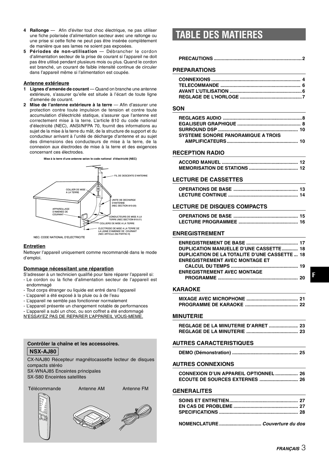 Sony NSX-AJ80 manual Table DES Matieres 