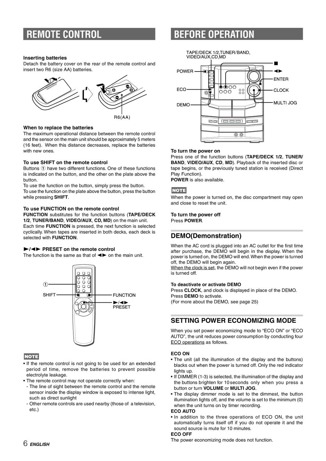 Sony NSX-AJ80 manual Remote Control, Before Operation, Setting Power Economizing Mode 