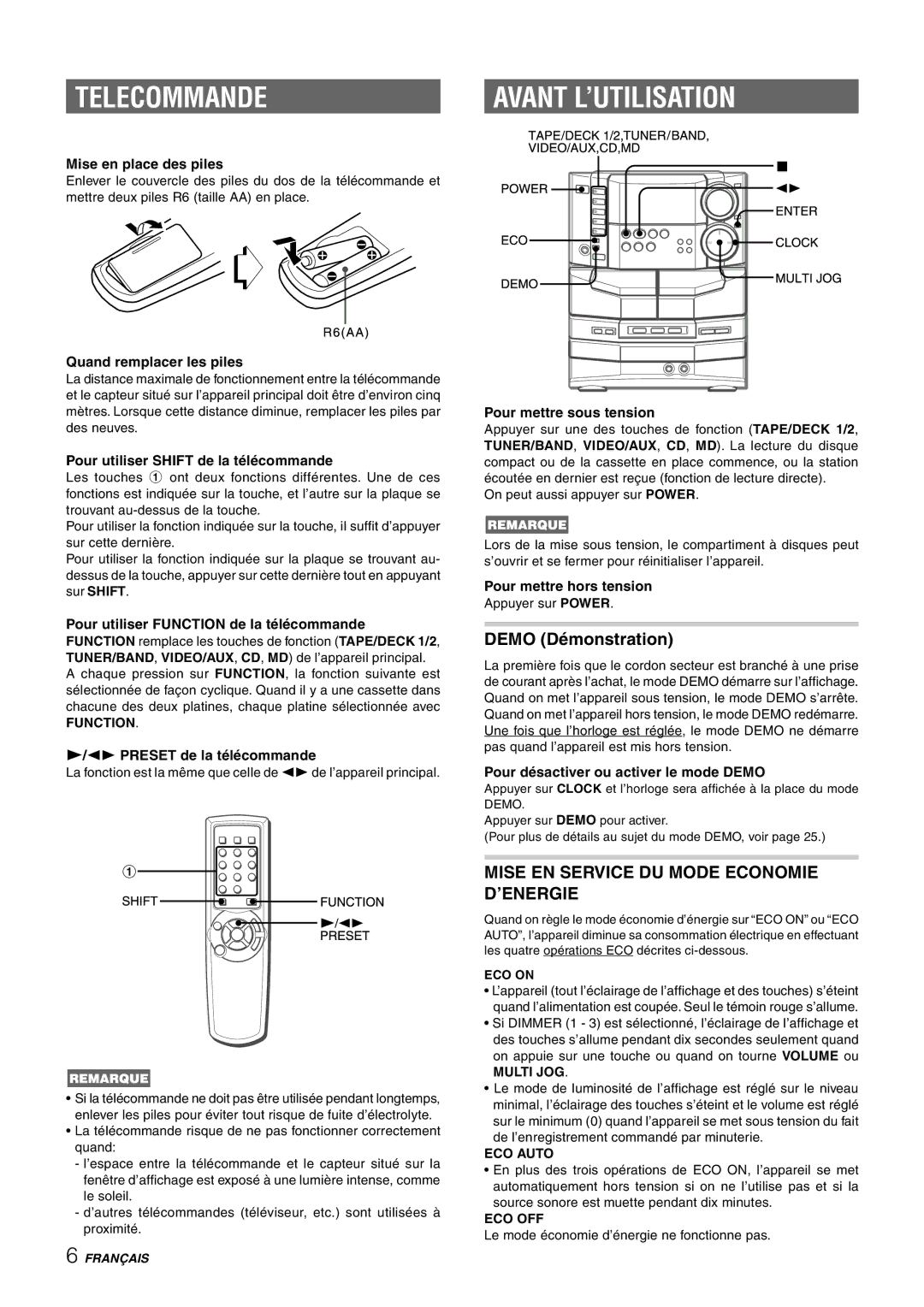 Sony NSX-AJ80 manual Telecommande, Avant L’UTILISATION 