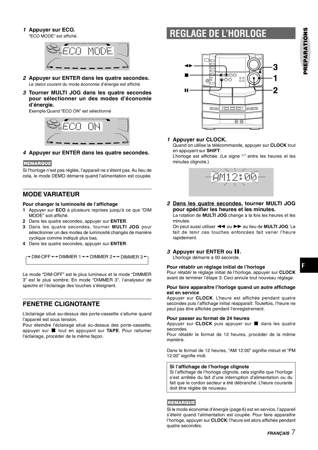 Sony NSX-AJ80 manual Reglage DE L’HORLOGE, Mode Variateur, Fenetre Clignotante 