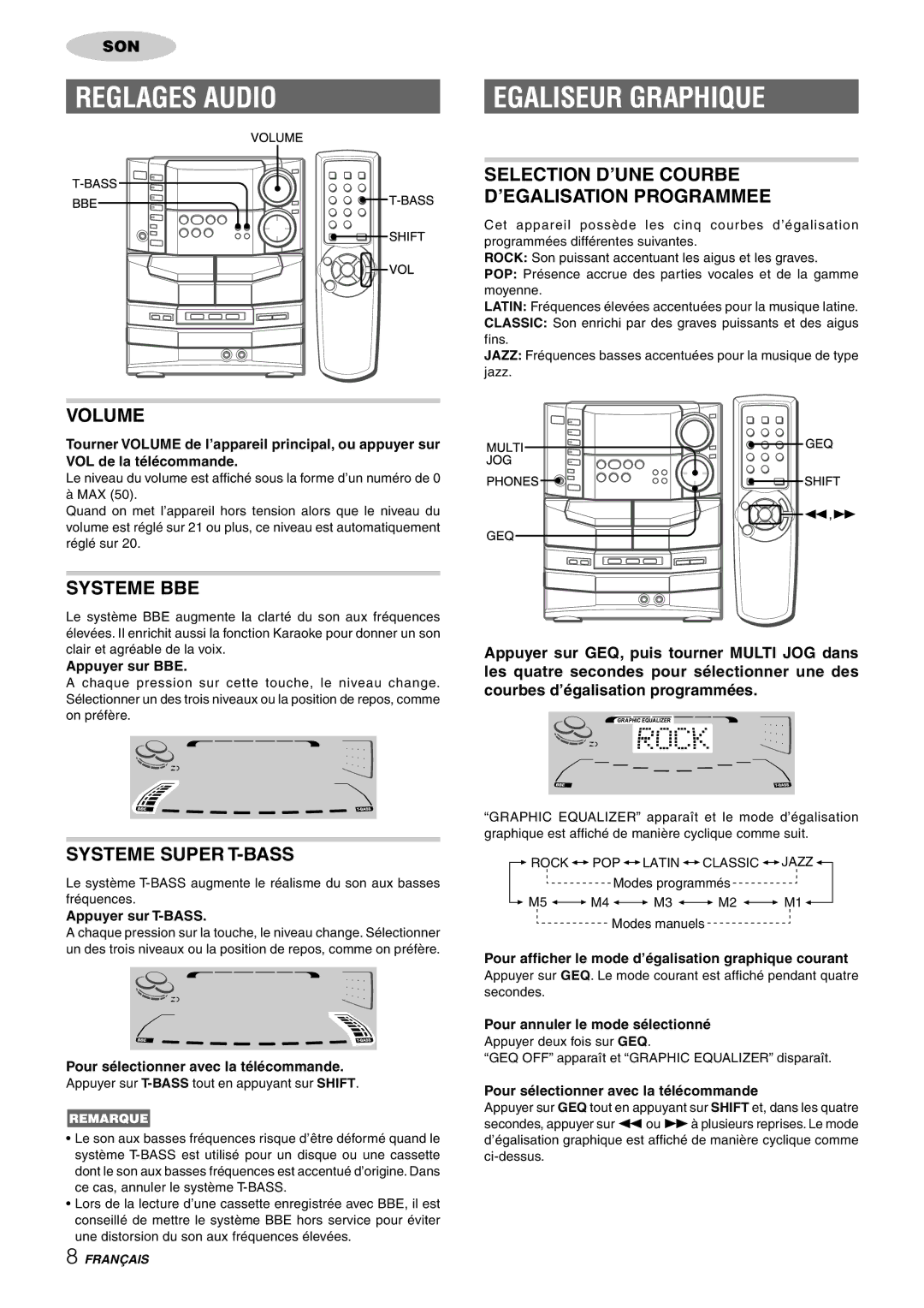 Sony NSX-AJ80 manual Reglages Audio, Egaliseur Graphique, Systeme BBE, Systeme Super T-BASS 