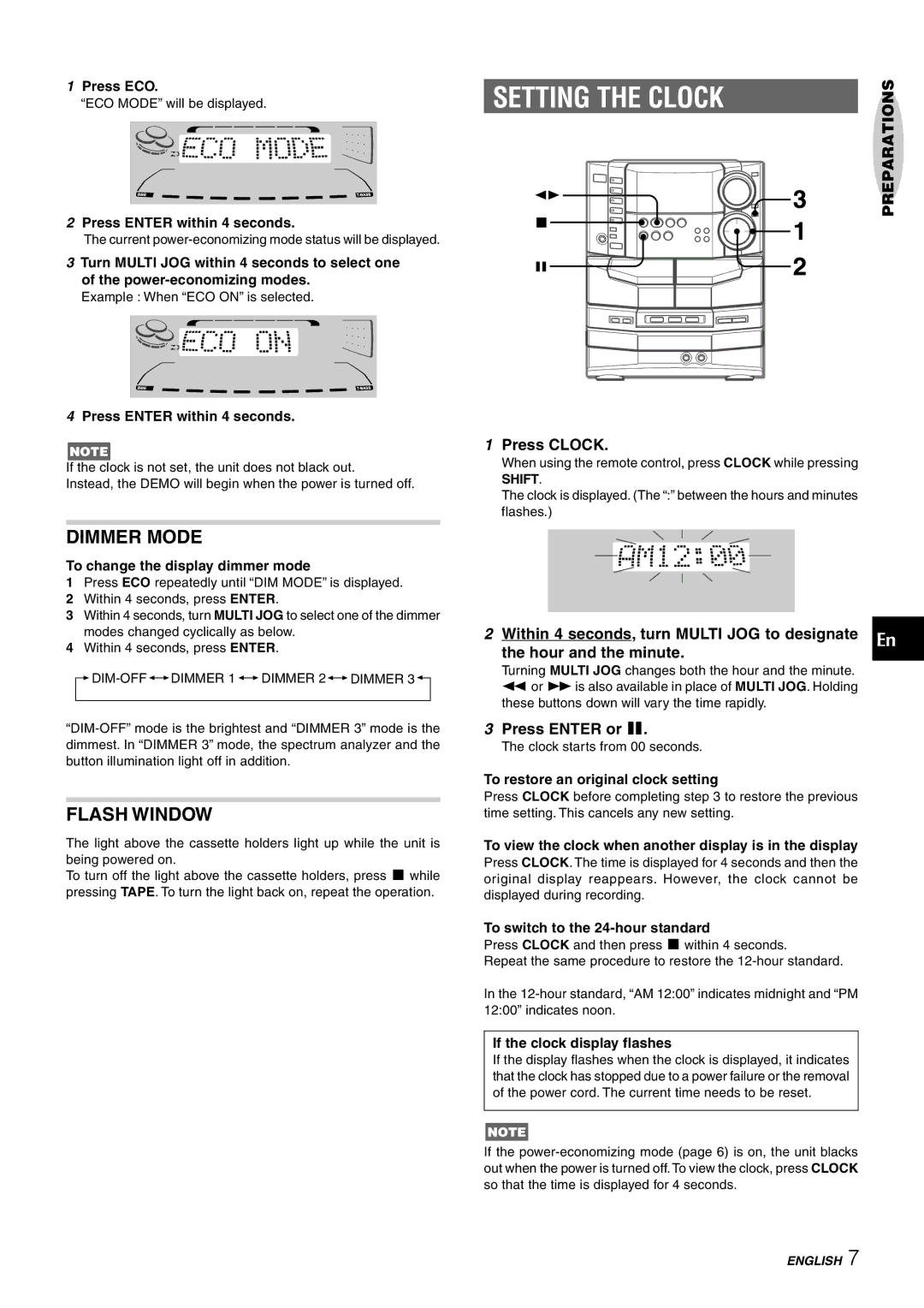 Sony NSX-AJ80 manual Setting the Clock, Dimmer Mode, Flash Window, Press Clock, Press Enter or a 