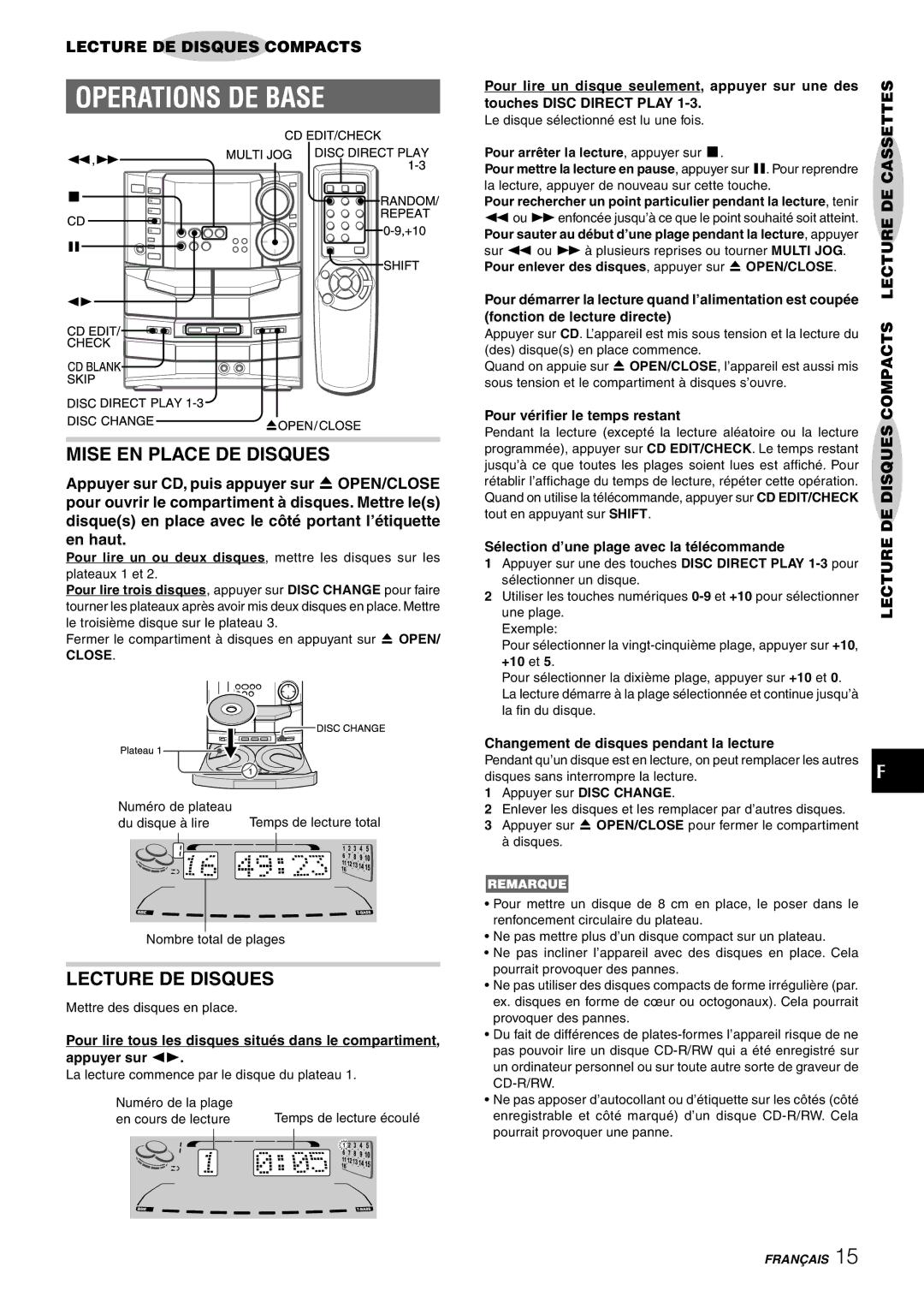 Sony NSX-AJ80 manual Mise EN Place DE Disques, Lecture DE Disques, Cassettes 