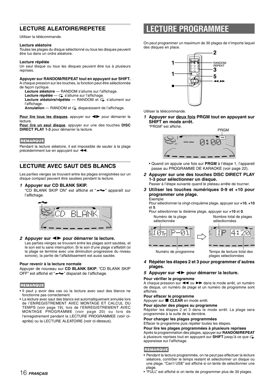 Sony NSX-AJ80 manual Lecture Programmee, Lecture ALEATOIRE/REPETEE, Lecture Avec Saut DES Blancs, Appuyer sur CD Blank Skip 