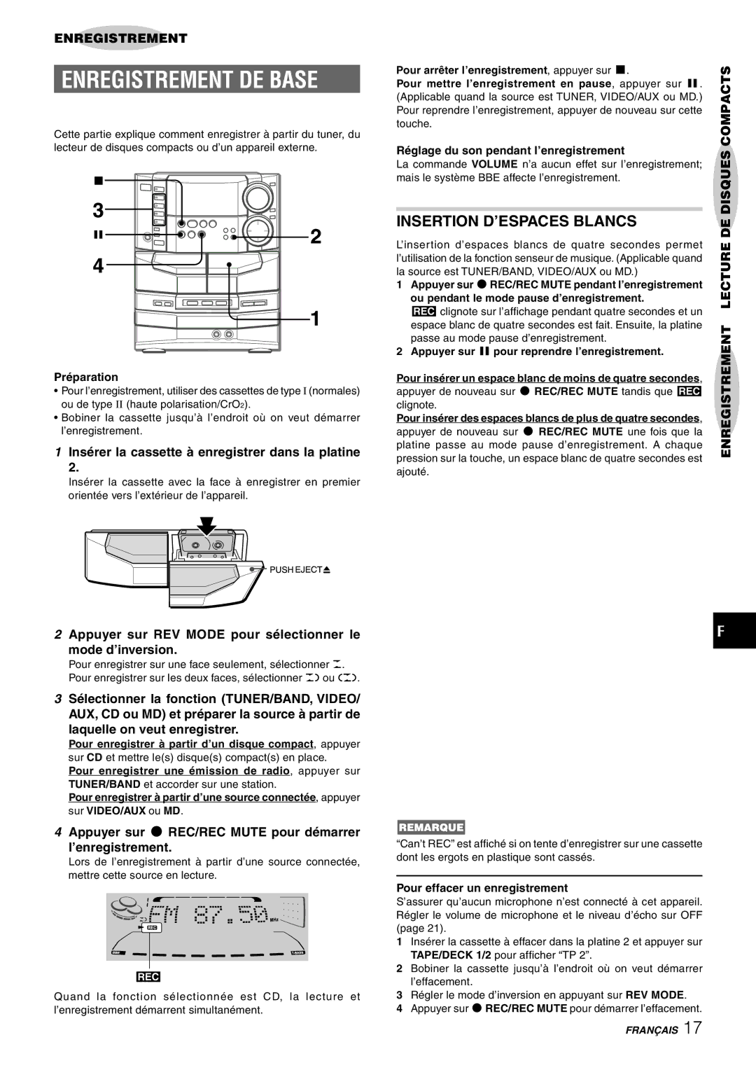 Sony NSX-AJ80 manual Enregistrement DE Base, Insertion D’ESPACES Blancs, Compacts 