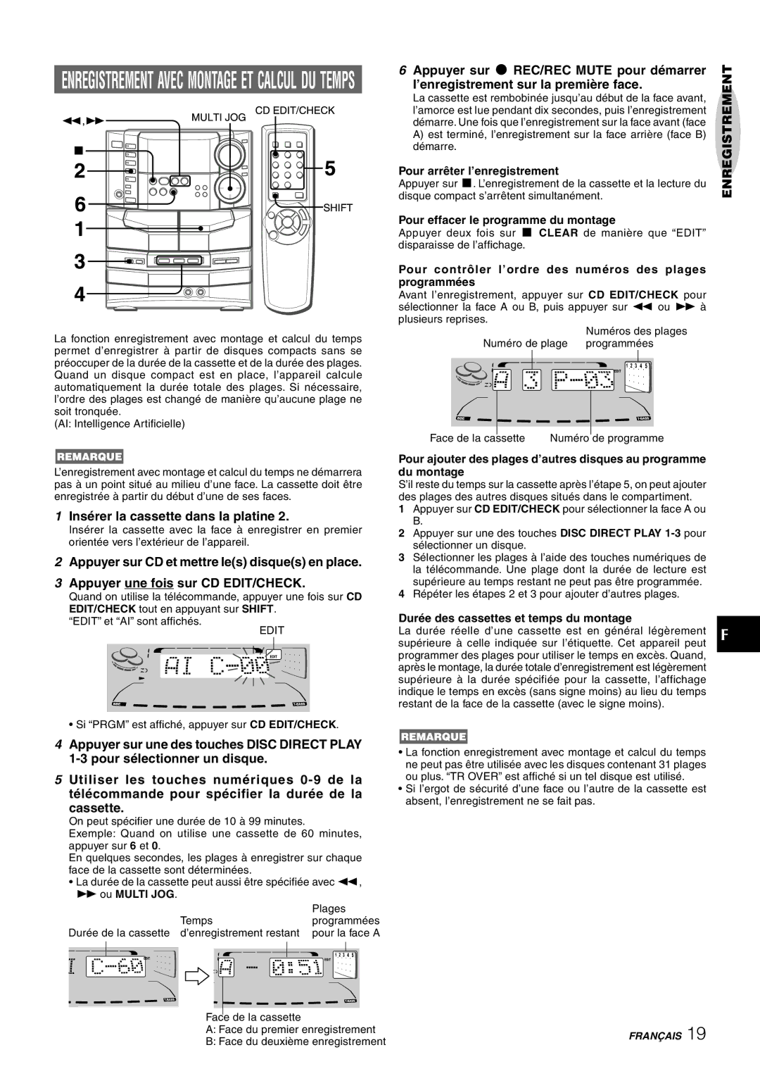 Sony NSX-AJ80 manual Appuyer sur w REC/REC Mute pour démarrer, ’enregistrement sur la première face 