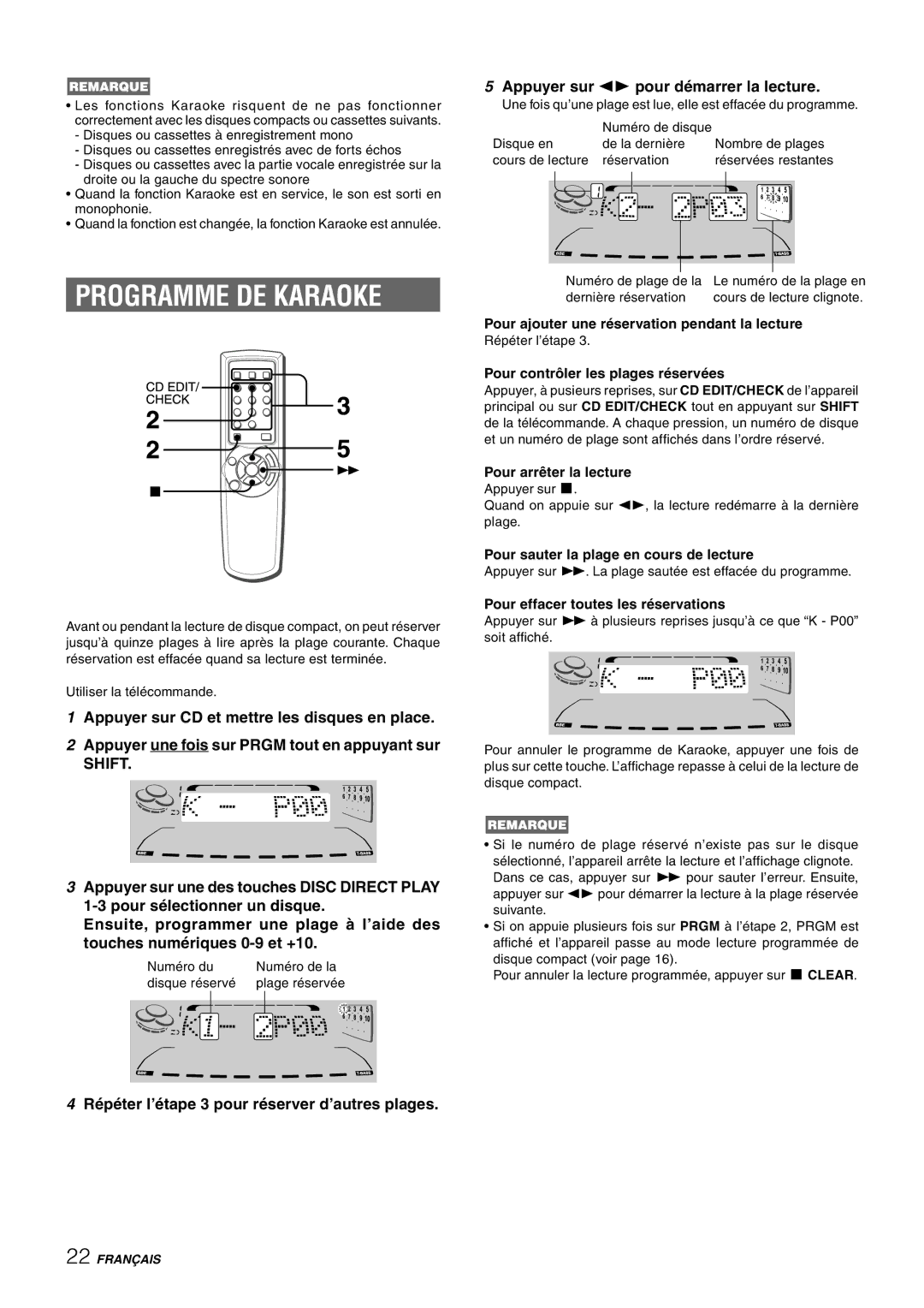 Sony NSX-AJ80 manual Programme DE Karaoke, Shift, Répéter l’étape 3 pour réserver d’autres plages 