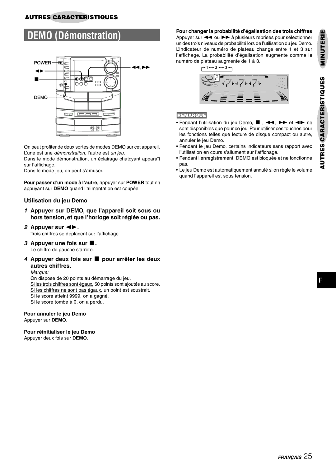 Sony NSX-AJ80 manual Appuyer une fois sur s, Caracteristiques, Pour annuler le jeu Demo, Pour réinitialiser le jeu Demo 