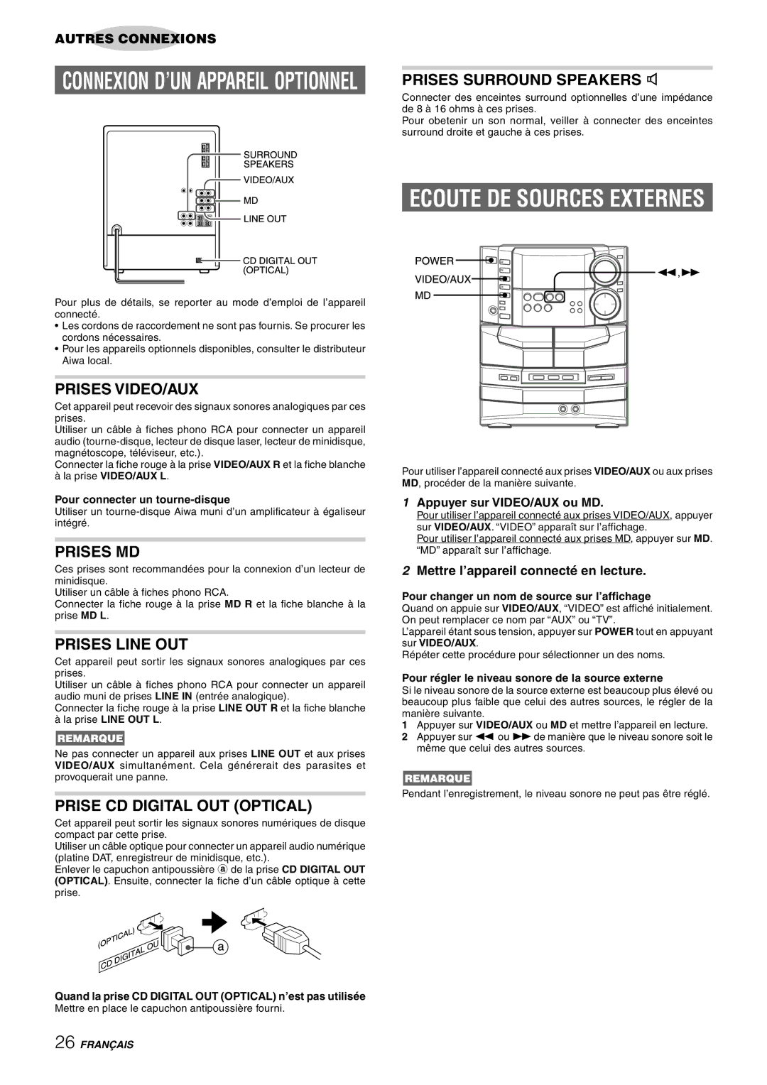 Sony NSX-AJ80 manual Prises VIDEO/AUX, Prises MD, Prises Line OUT, Prise CD Digital OUT Optical, Prises Surround Speakers 