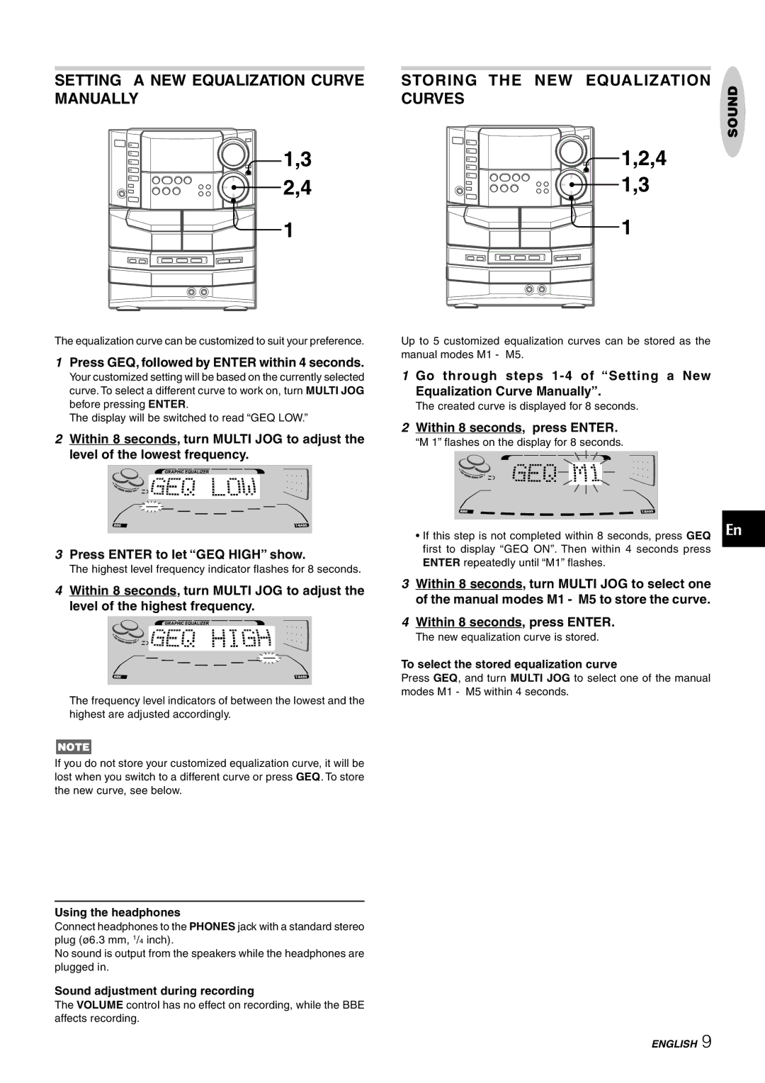 Sony NSX-AJ80 manual Setting a NEW Equalization Curve Manually, Storing the NEW Equalization Curves 