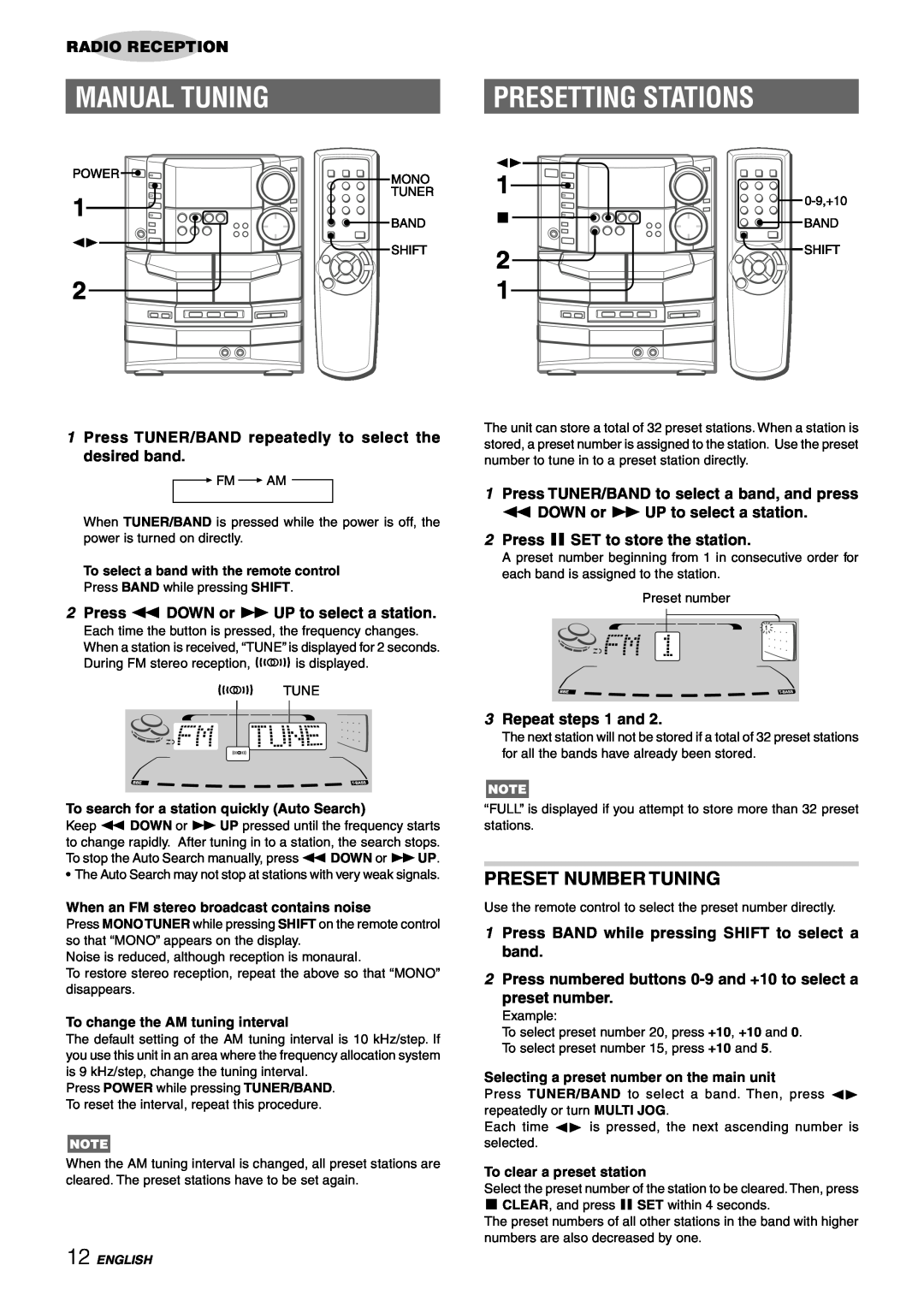 Sony NSX-AJ80 Manual Tuning, Presetting Stations, Preset Number Tuning, Radio Reception, 2Press a SET to store the station 