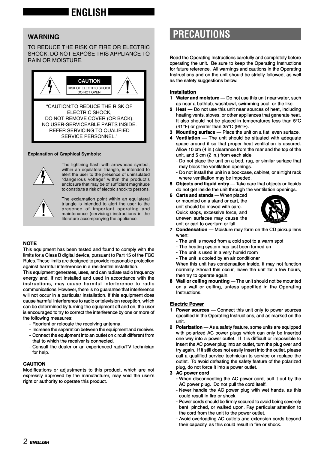 Sony NSX-AJ80 manual English, Precautions, “Caution:To Reduce The Risk Of Electric Shock, Installation, Electric Power 