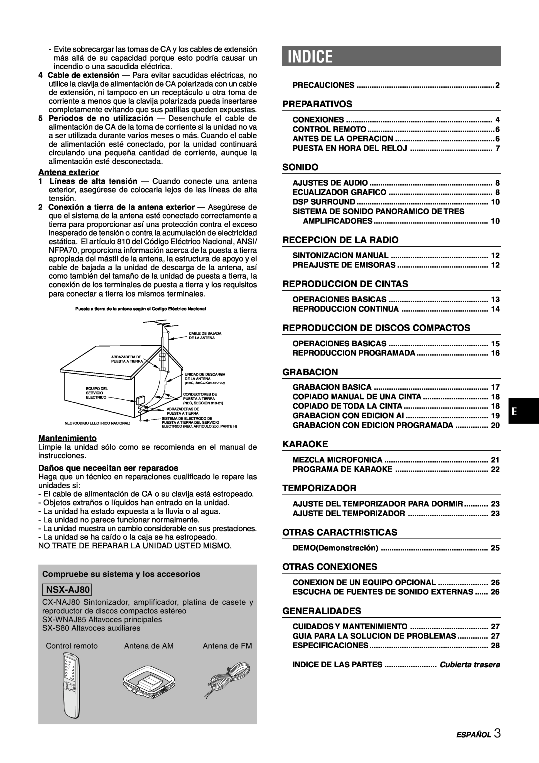 Sony NSX-AJ80 manual Indice, Preparativos, Sonido, Recepcion De La Radio, Reproduccion De Cintas, Grabacion, Karaoke 