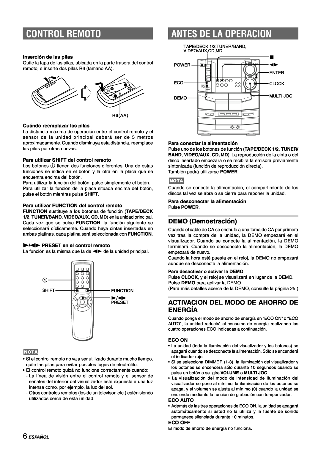 Sony NSX-AJ80 Control Remoto, Antes De La Operacion, DEMO Demostración, Activacion Del Modo De Ahorro De Energía, Eco On 