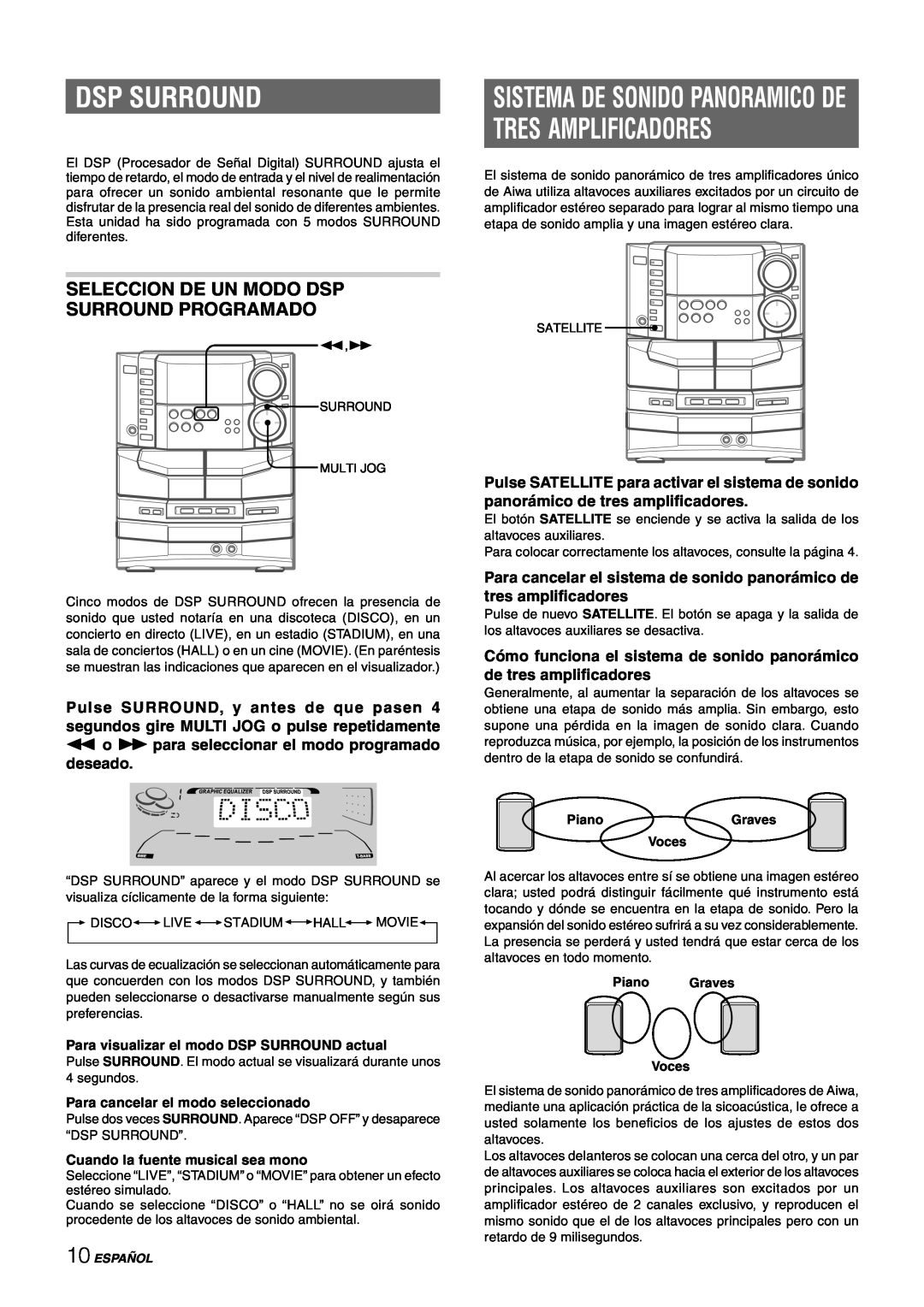 Sony NSX-AJ80 manual Tres Amplificadores, Sistema De Sonido Panoramico De, Seleccion De Un Modo Dsp Surround Programado 