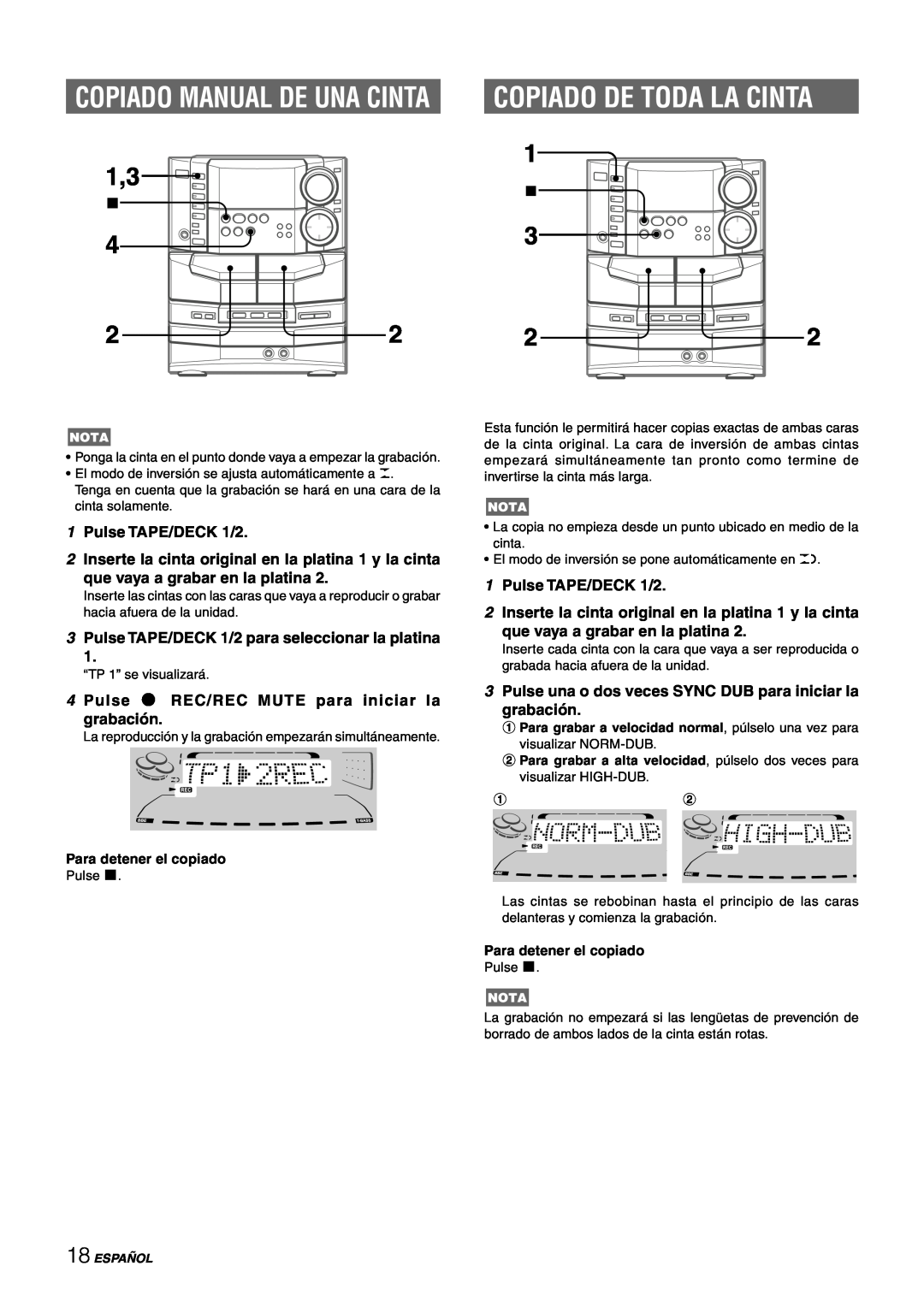 Sony NSX-AJ80 Copiado Manual De Una Cinta, Copiado De Toda La Cinta, 1Pulse TAPE/DECK 1/2, que vaya a grabar en la platina 