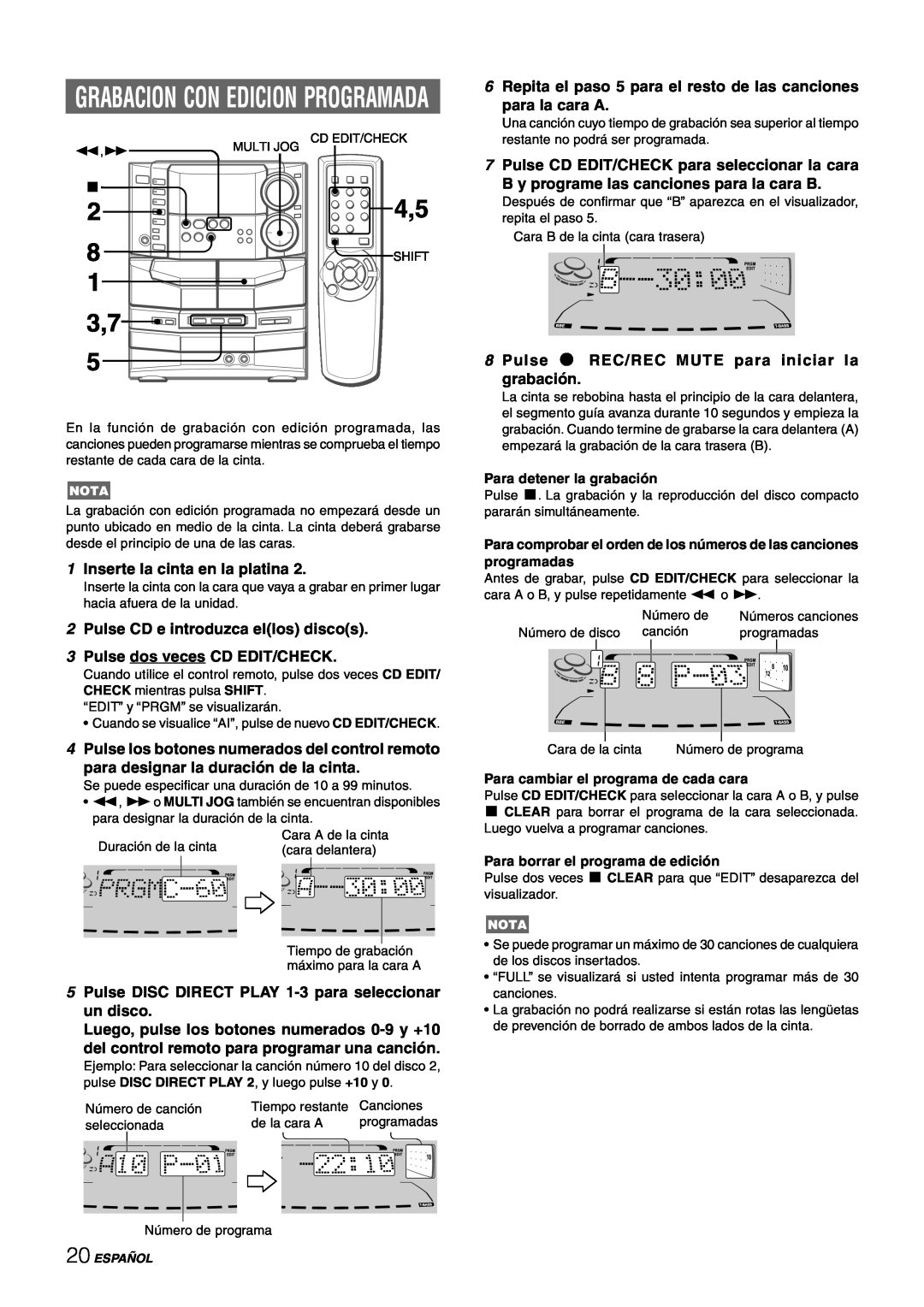 Sony NSX-AJ80 manual Grabacion Con Edicion Programada, 1Inserte la cinta en la platina, 2Pulse CD e introduzca ellos discos 