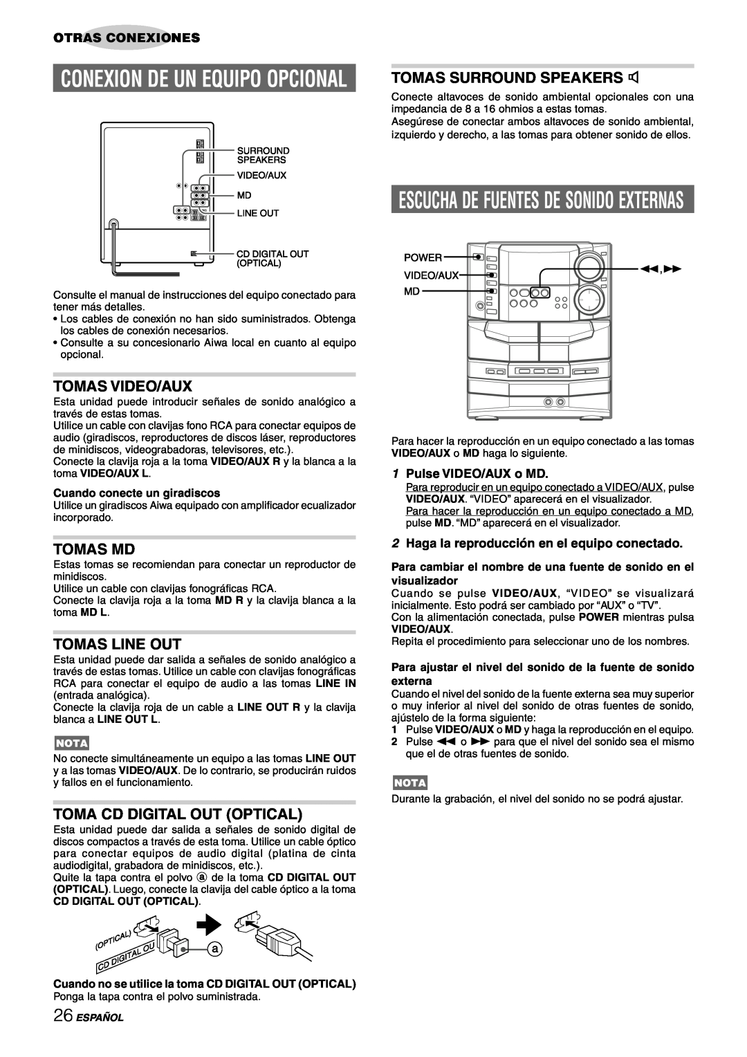 Sony NSX-AJ80 manual Conexion De Un Equipo Opcional, Tomas Video/Aux, Tomas Md, Tomas Line Out, Toma Cd Digital Out Optical 
