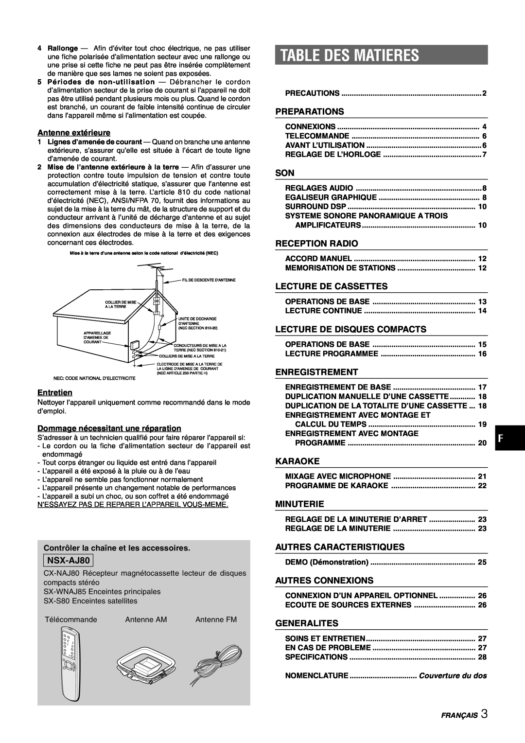 Sony NSX-AJ80 manual Table Des Matieres, Preparations, Reception Radio, Lecture De Cassettes, Lecture De Disques Compacts 