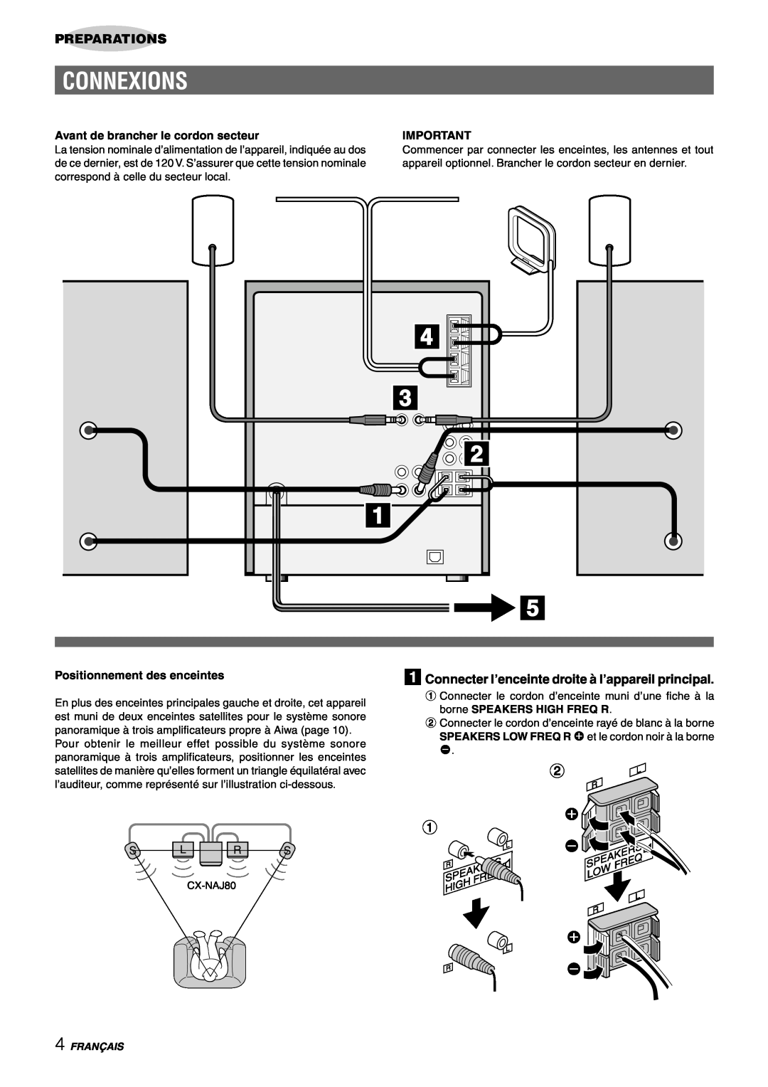 Sony NSX-AJ80 manual Connexions, Preparations, Avant de brancher le cordon secteur, Positionnement des enceintes, Français 