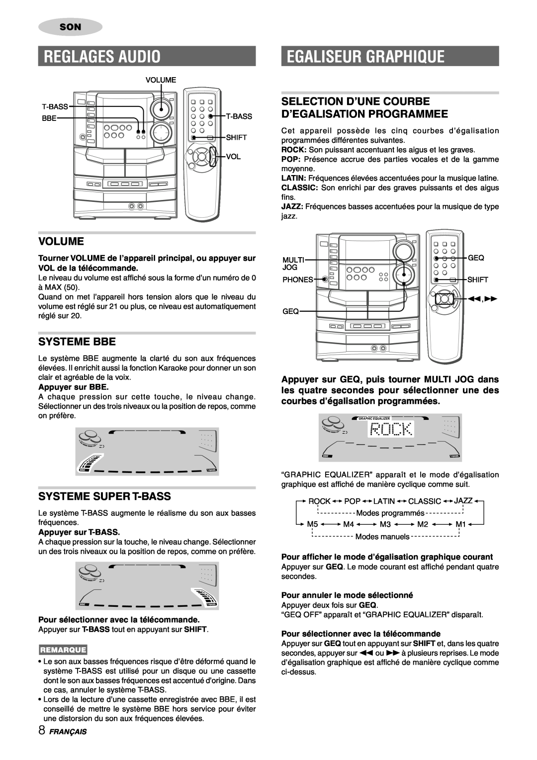 Sony NSX-AJ80 Reglages Audio, Egaliseur Graphique, Systeme Bbe, Systeme Super T-Bass, Volume, Appuyer sur BBE, Français 